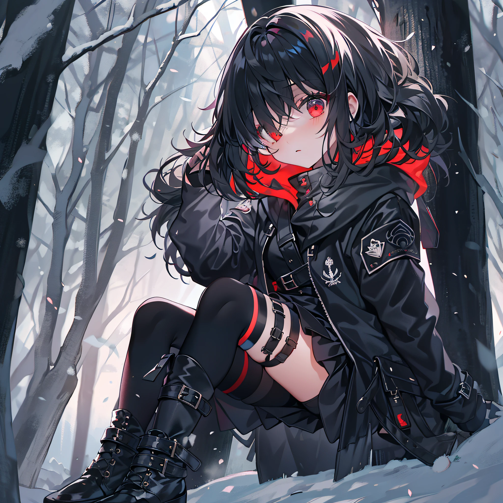 red color eyes, Black color hair, Black platform boots, short detailed hair, black thigh socks, hair on one eye, black black jacket, Black thigh strap, black sash,nigth,black short skirt,ln the forest,at winter season,bit girl