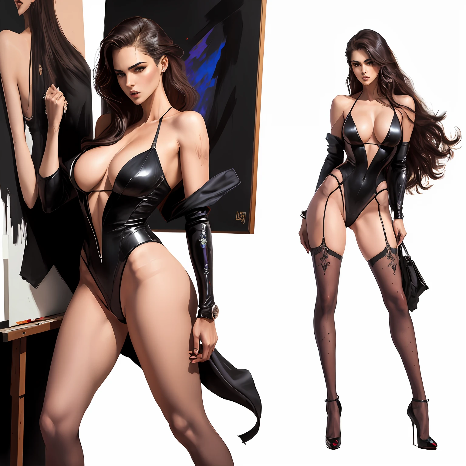 Illustration art，Whole body movement，Sexy woman in sexy clothes，murderess，Very cool facial expression，the sideview，Gorgeous background，Great erotic art，painting art，Sexy art，Detailed body part details，long leges，Inspired by J.c.Ryan Decker，Epic European and American illustrations，Tall，The whole body is evenly sexy