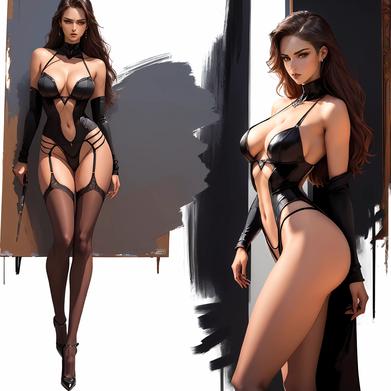 Illustration art,Whole body movement,Sexy woman in sexy clothes,murderess,Very cool facial expression,the sideview,Gorgeous background,Great erotic art,painting art,Sexy art,Detailed body part details,long leges,Inspired by J.c.Ryan Decker,Epic European and American illustrations,Tall,The whole body is evenly sexy