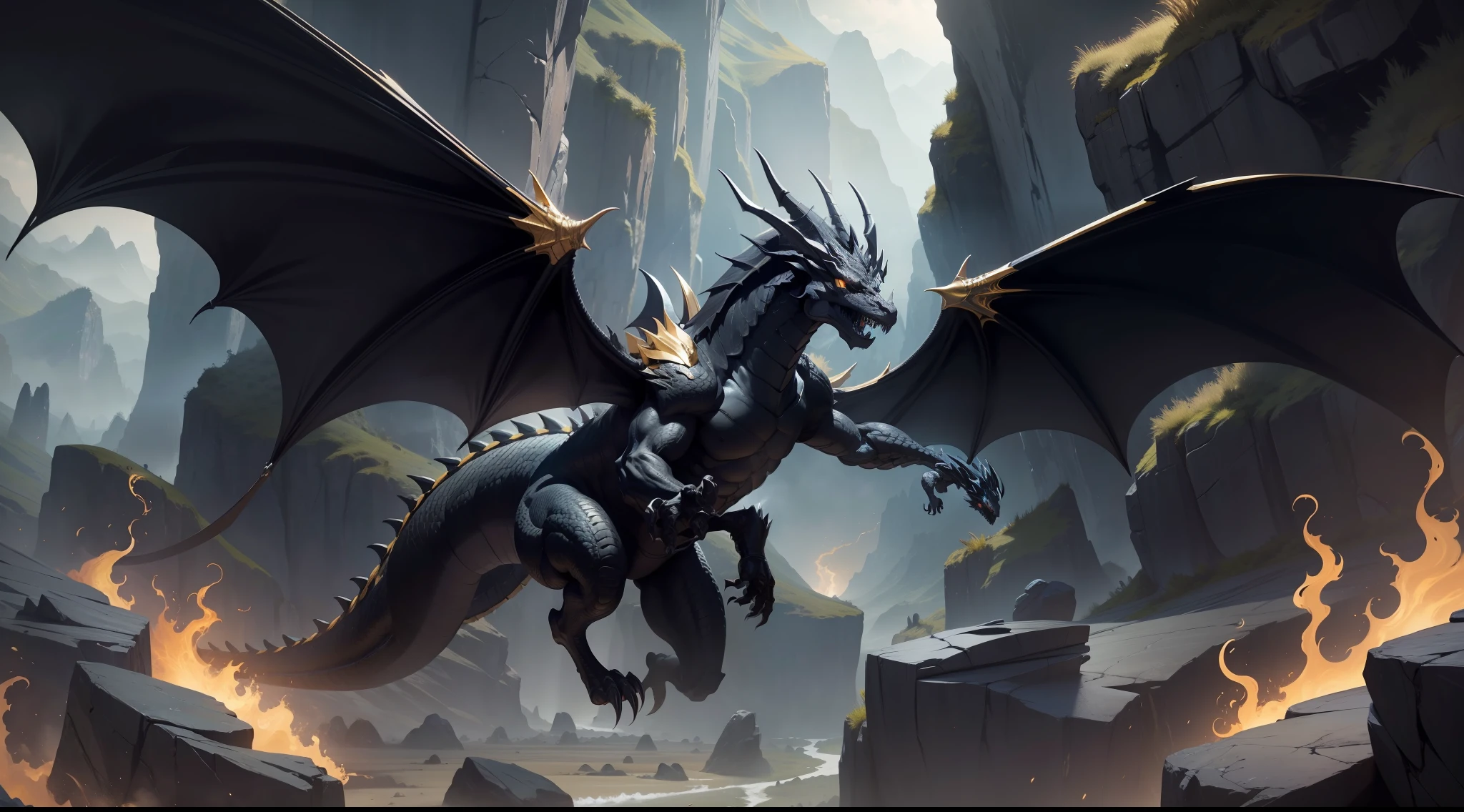 dark dragon in black and gold, in humanoid form, flying over a valley rocks