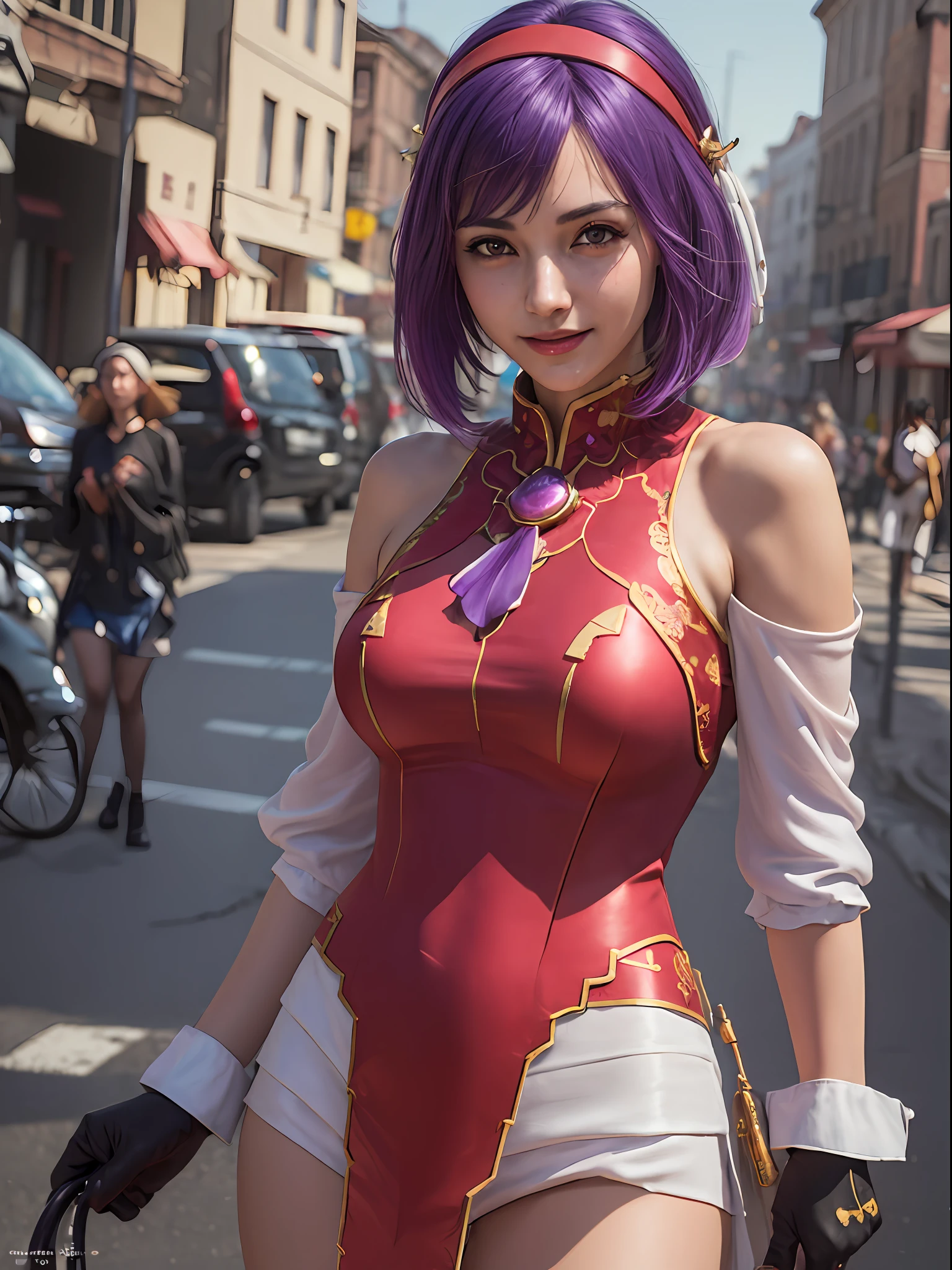 (masterpiece, best quality:1.4), (full body), (upside-down), 1girl, solo, purple hair, stunning girlfriend, (standing:1.1), 1girl, solo, athenams, hairband, chinese clothes, red dress, gloves, hair ornament , bare shoulders, heart shaped face, elegant face, beautiful face, highly detailed face, detailed eyes, highly detailed skin, skin pores, subsurface scattering, realistic pupils, medium breast, sexy smile, detailed background, depth of field, atmospheric perspective, volumetric lighting, sharp focus, absurdres, realistic proportions, good anatomy, (realistic, hyperrealistic:1.4), 16k hdr,