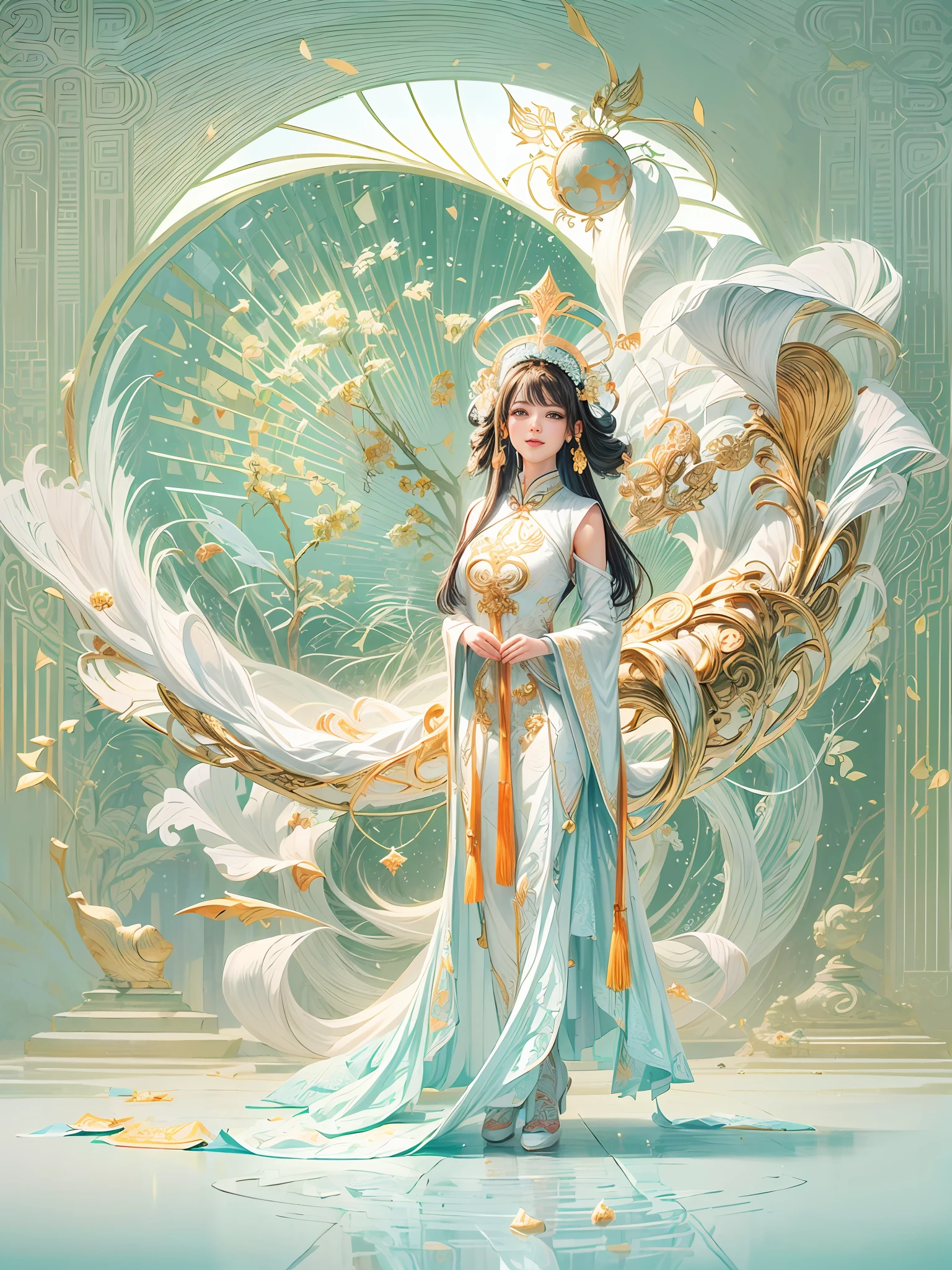(Graphic illustration:1.4, paper art, Quilted paper art, geomerty),rotational symmetry, (full-body shot:1.4), (Chang'e , moon, halo, exquisite headdress, smile), White background, (Chinese colors, senior color matching), ( bokeh, Out of Focus, Soft Lighting, movie lighting, God Ray, UHD)