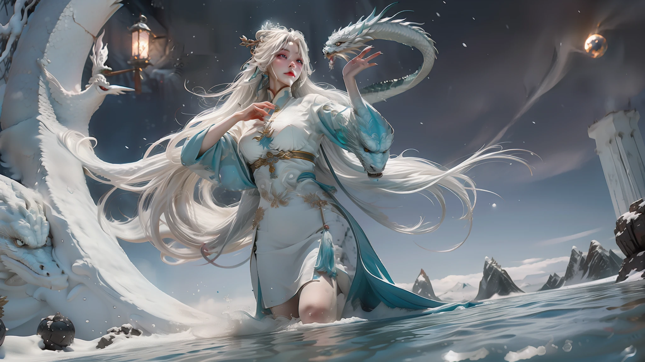 A woman wearing a white dress，A hand wrapped around the water dragon，Perfect facial features，Snow-capped mountains in the background，queen of the sea mu yanling, Beautiful celestial mage, heise jinyao, full-body xianxia, ice sorceress, White-haired god, inspired by Ju Lian, Yun Ling, Inspired by Lan Ying, goddess of winter, Inspired by Ai Xuan, queen of ice and storm