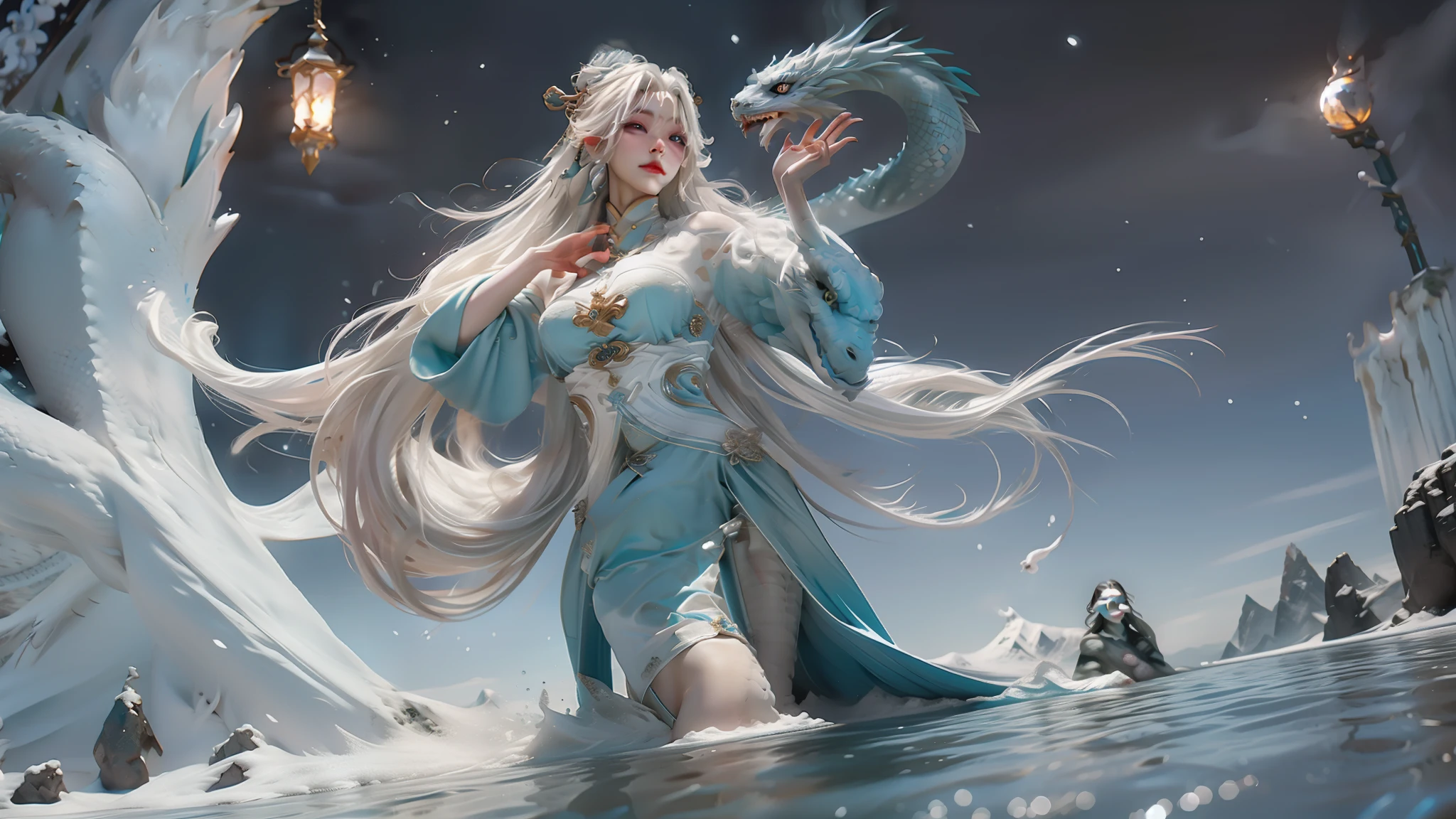 A woman wearing a white dress,A hand wrapped around the water dragon,Perfect facial features,Snow-capped mountains in the background,queen of the sea mu yanling, Beautiful celestial mage, heise jinyao, full-body xianxia, ice sorceress, White-haired god, inspired by Ju Lian, Yun Ling, Inspired by Lan Ying, goddess of winter, Inspired by Ai Xuan, queen of ice and storm