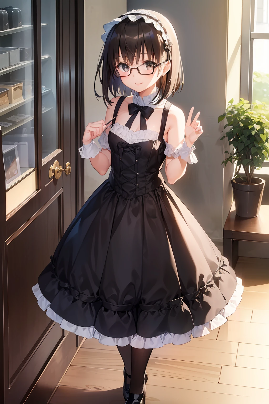 (girl with、Gamine、A dark-haired、short-hair、straight haired、hair adornments、Light brown eyes、A smile、wearing black glasses、small tits、cute face)、masterpiece、top-quality、Gothic lolita、Full body