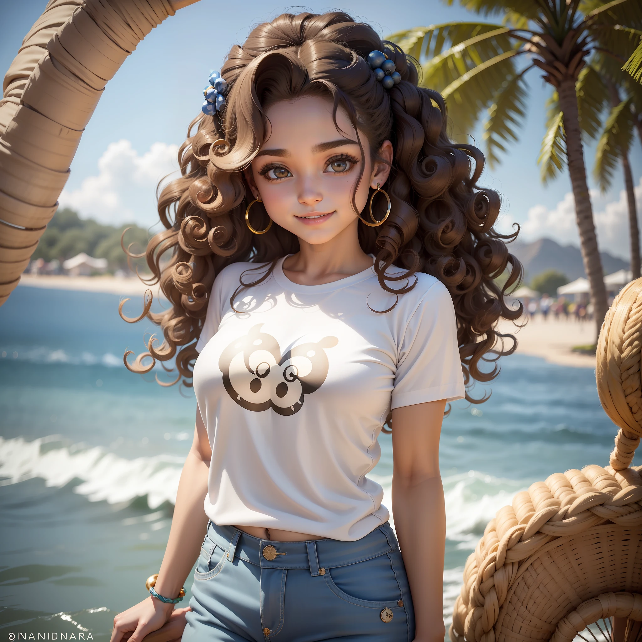 1menina, cabelo longo, sardas, olhos castanhos, brincos, joias, solo, smile, olhando para o espectador, cabelo branco, cabelo muito longo, pele morena, ((curly hair)), (disney casual outfit) ornamentos de cabelo, fundo simples, ((disney style))