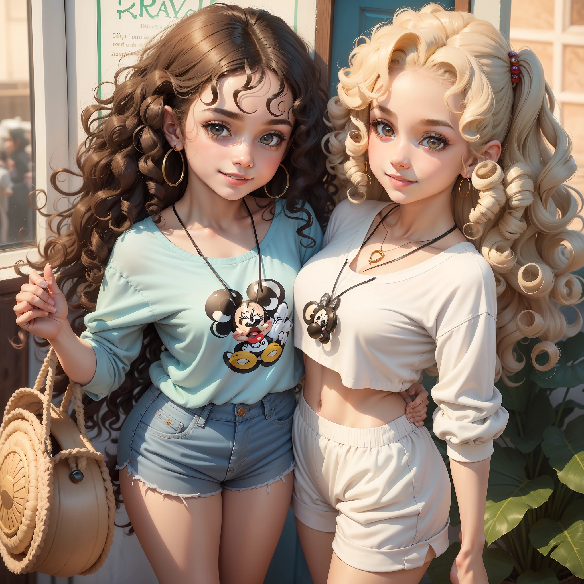 1menina, cabelo longo, sardas, olhos castanhos, brincos, joias, solo, smile, olhando para o espectador, cabelo branco, cabelo muito longo, pele morena, ((curly hair)), (disney casual outfit) ornamentos de cabelo, fundo simples, ((disney style))