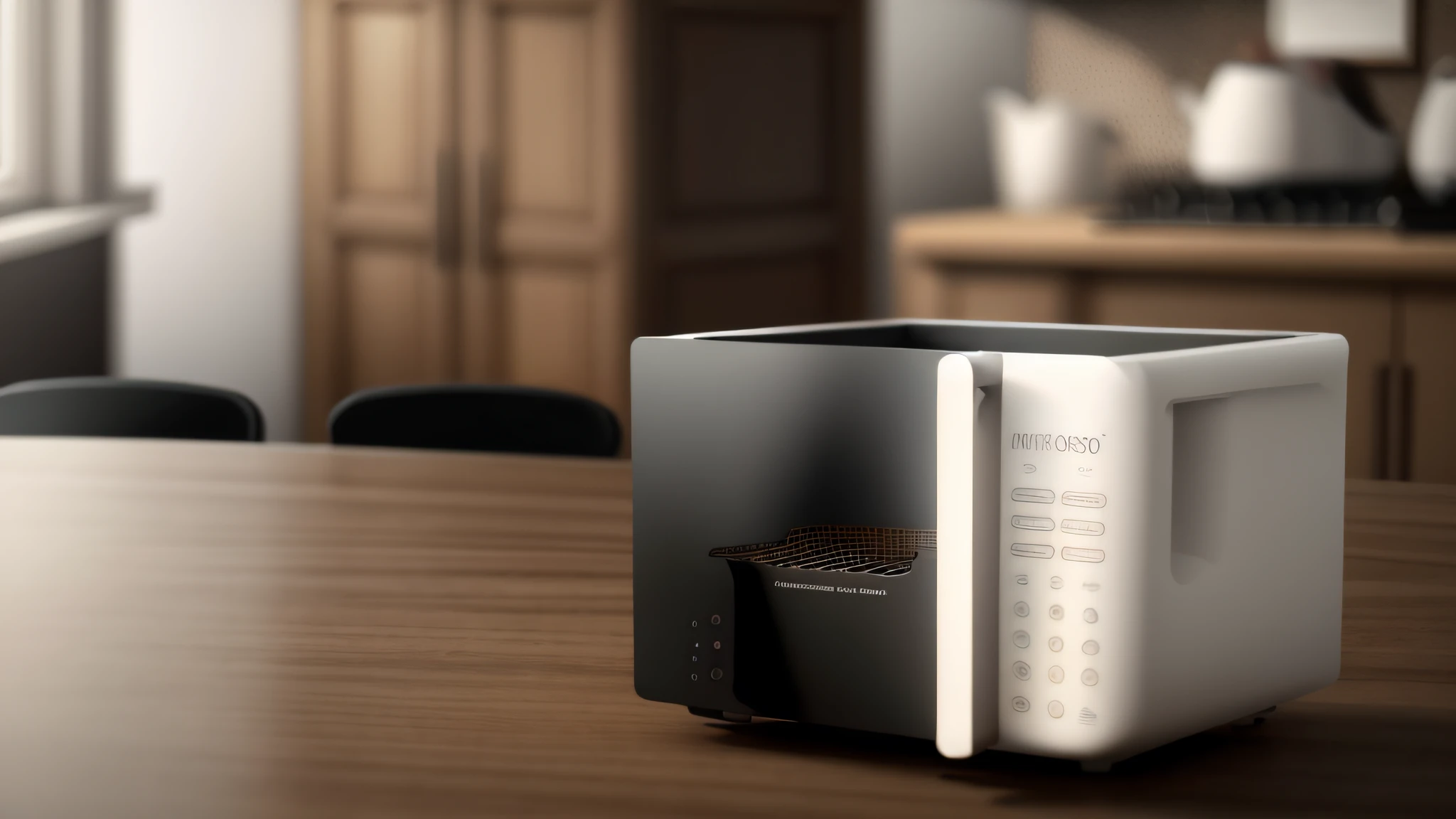 Air fryer placed on the table,Interior design of modern style, Realistic, Photorealistic, 8K, strong light on meeting table,Chiaroscuro, hyper HD, Best picture quality ,realisticlying,Foto realism,cupboard,Lens perspective blur,Bright lights,Realistic lighting,dark kitchen