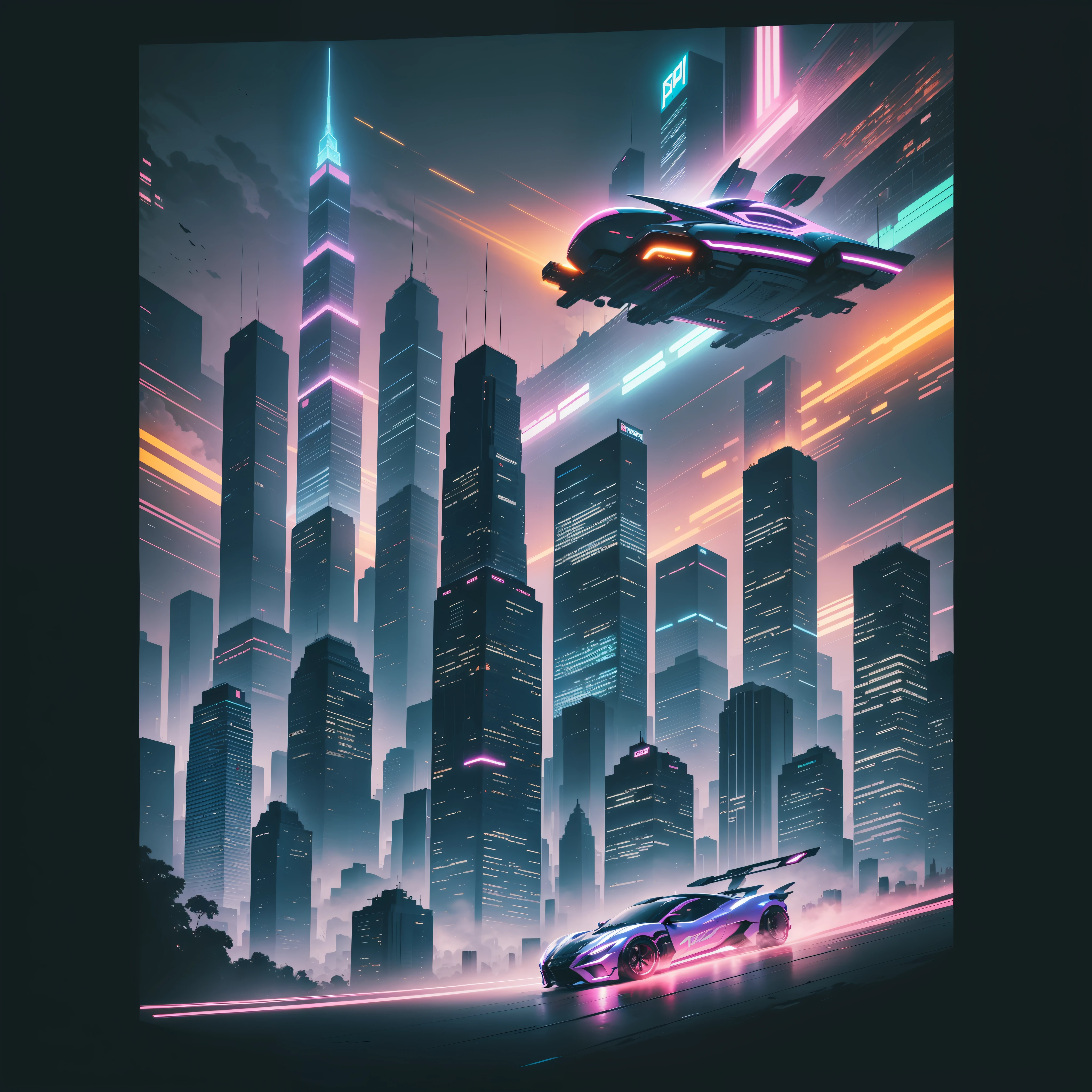 "t-shirt vector, t-shirt design, a vibrant and dynamic futuristic cityscape with towering skyscrapers illuminated by vibrant neon lights, bustling with futuristic flying cars and sleek hoverbikes zipping through the air"