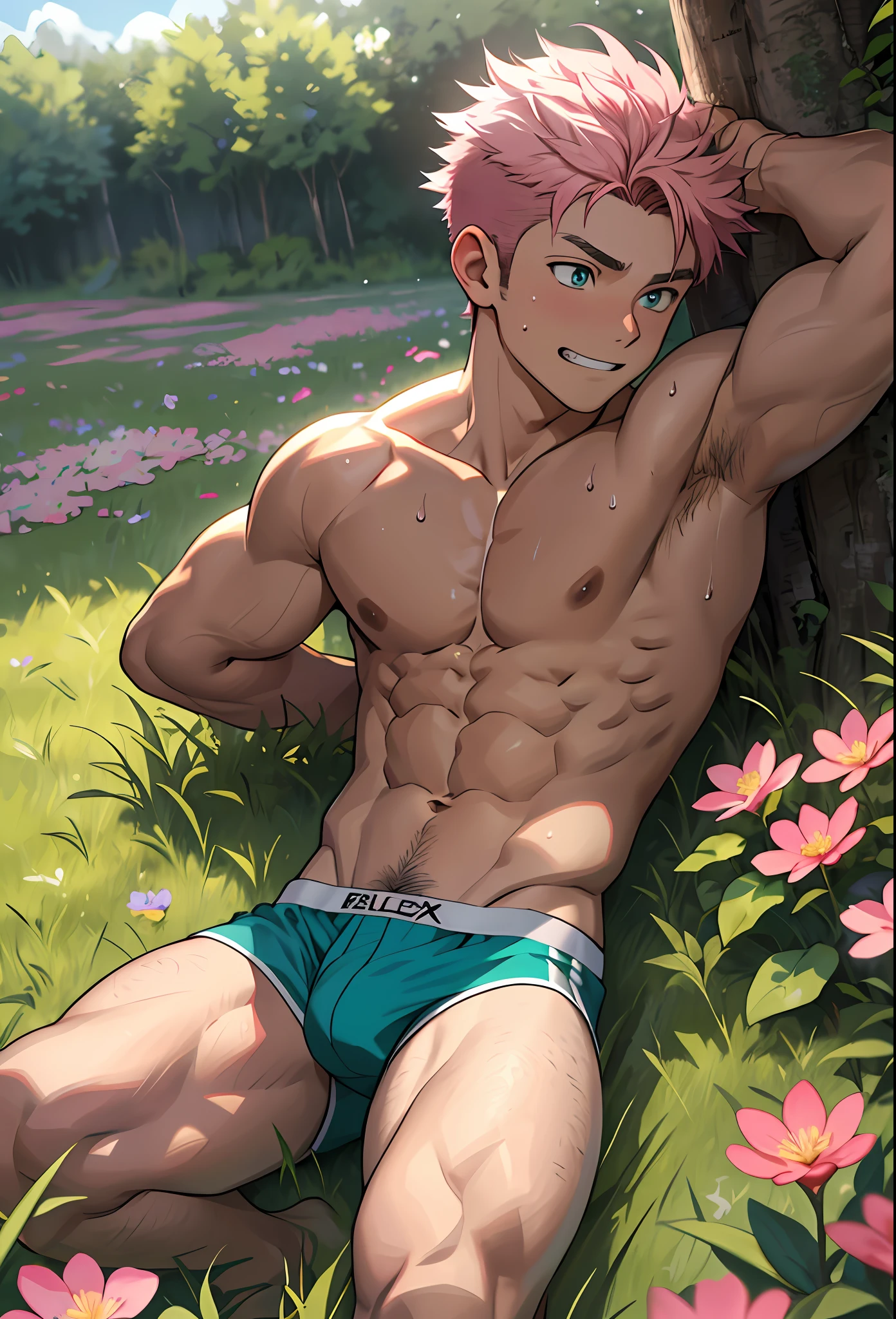 (masterpiece, best quality), 1boy,younge boy,???'s face,Juvenile faces,sideface,Lying naked in the grass,Covered in sweat,adolable,infancy,Young age,Short round face,Flat chin,Fine face in detail,Colored briefs,musculous, pink short hair, Sky blue eyes,opens his eyes wide, 复杂, full bodyesbian,nakeness,Croaking grin,Teal briefs,Pectoralis abdominal muscles,vivd colour,(depth of fields:1.2),(abs),looking at viewert,Lying in the grass,spread their legs,Large pink flowers,Flowers