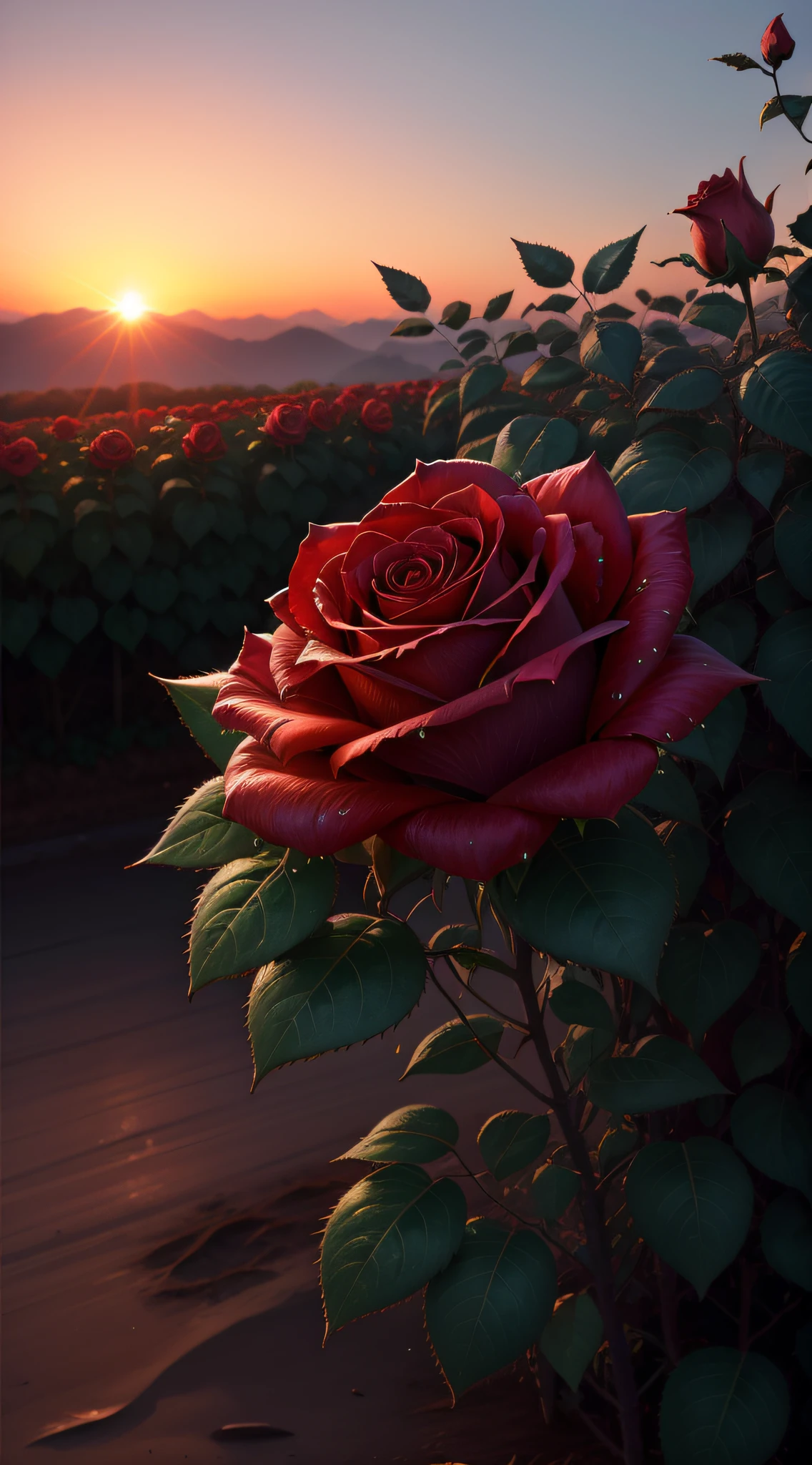 (Rose bushes，At 4K resolution，Shows the dew at sunrise