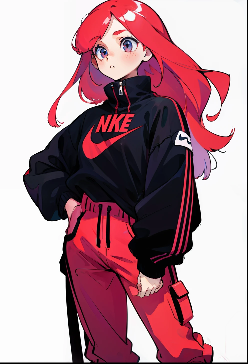 Pastel red hair, 1Girl, Nike Apparel, Straight hair