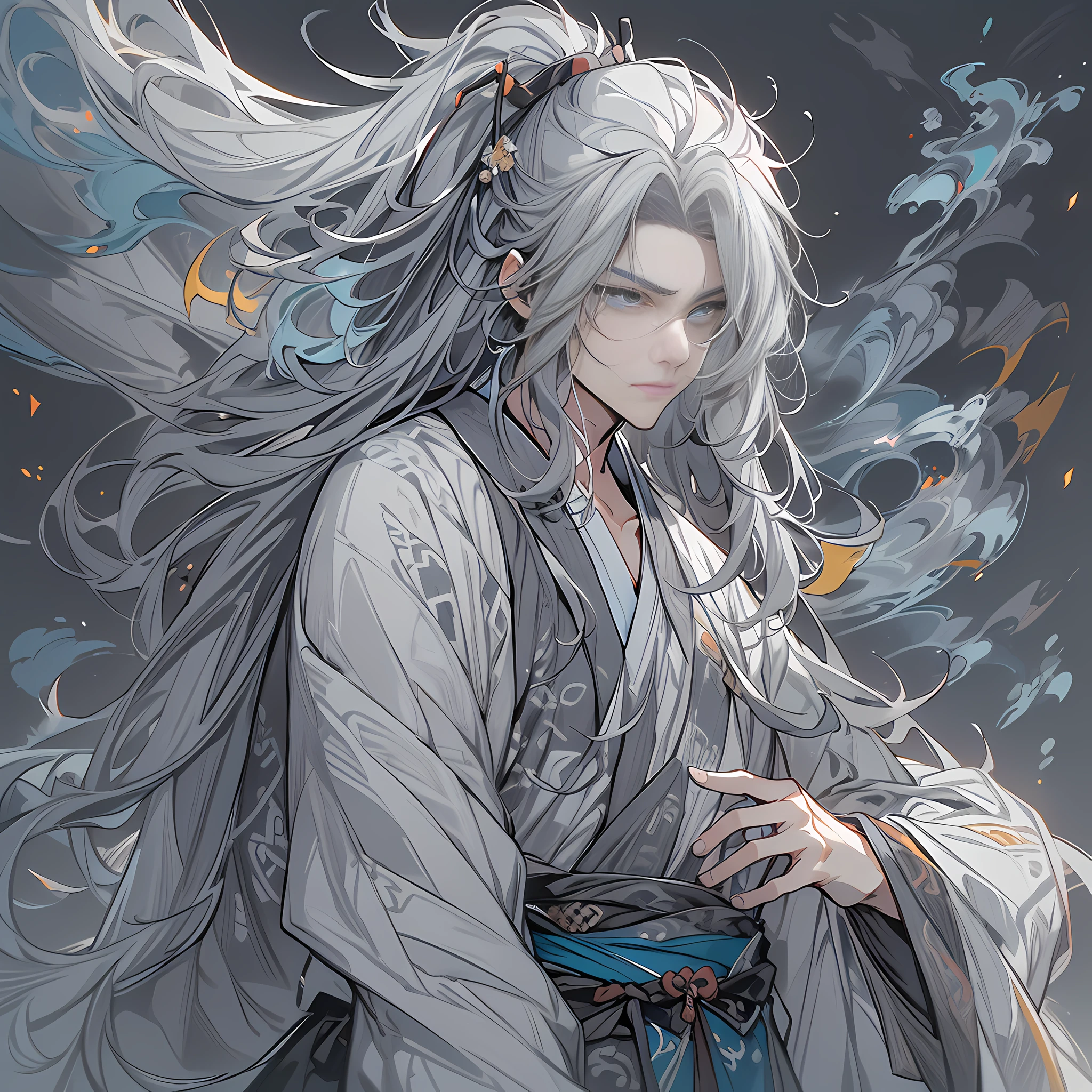 Chinese antique male,fansty world,background inside dark,Clean design,Epic Instagram,artstation,Colorful paint splashes,contours,Hyper-detailed intricate details,unreal-engine,fanciful,Complicated details,splash image,complementary colours,fantasy concept art,8K分辨率,A masterpiece of deviantart,oil painted,Heavy strokes,paint drips,(Isolate on a white background:1.3),Rainbow skins,(((A handsome young))), ((age:1.5)), (glow blue eyes), ((Eyes have light)),((((Long gray hair:1.6))), ((black-clad)), (prinz\\(Indifferent expression\\),, (((Wearing high-detail Hanfu))), Long white hair,Frost magic,((chest muscle)