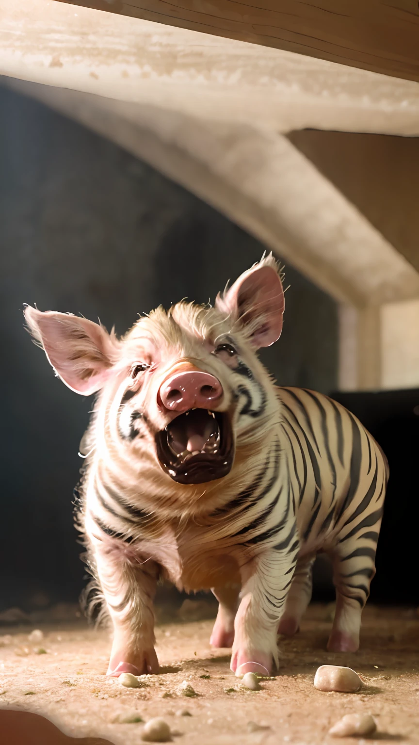 pigs， （Pigs with tiger stripes）， （Fat Chubby）， In the pigsty， the face， ssmile， 8K， profesional photo， delicated， Pubic area is clear，， pigsty， rays of sunshine， light  leaks， tmasterpiece， （（prette））， （Realistis），