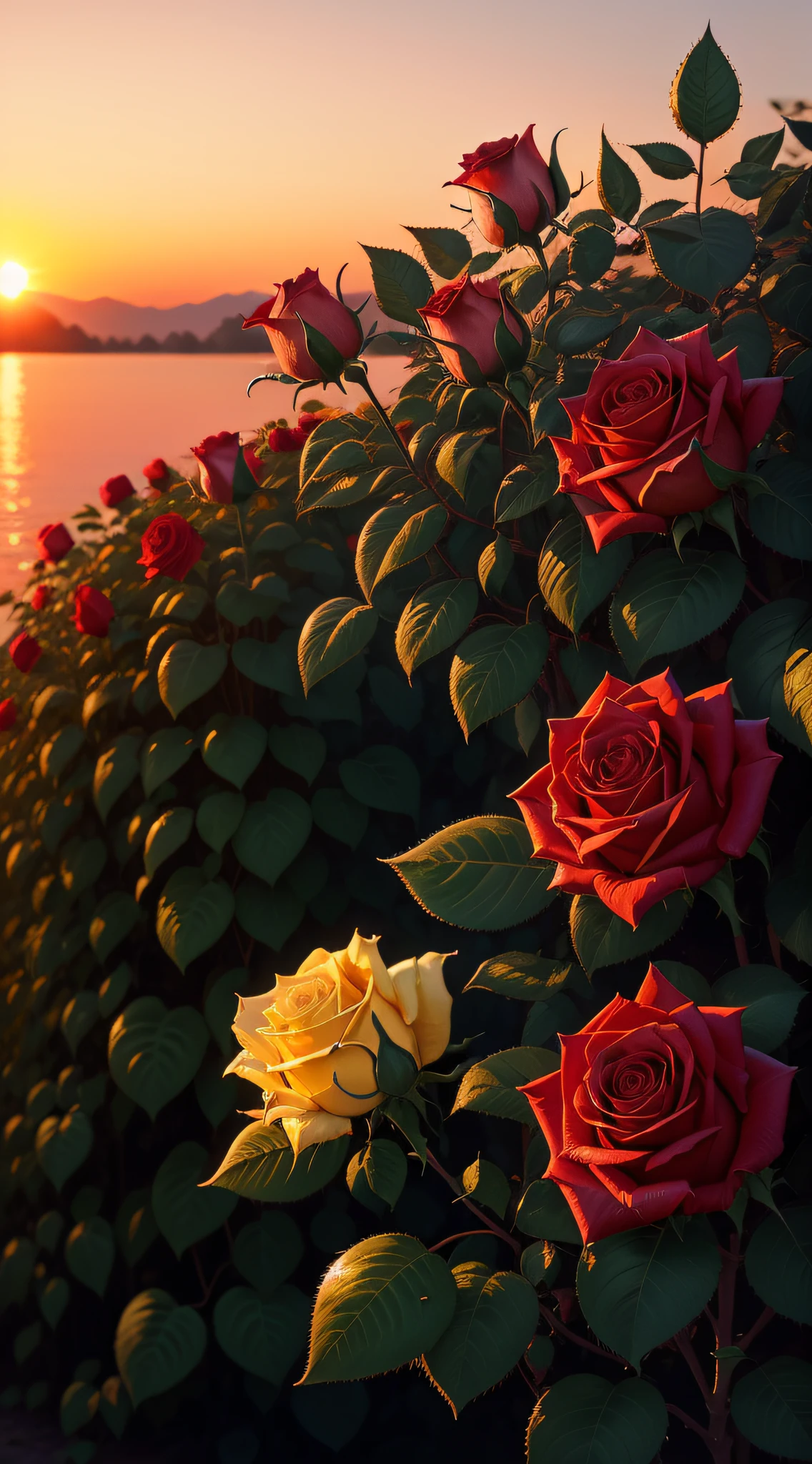 (Rose bushes，At 4K resolution，Shows the dew at sunrise