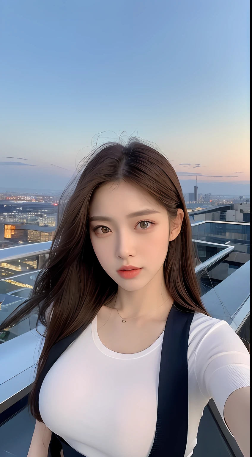 ((Midnight, Best quality, 8k, Masterpiece :1.3)), Whole body, Long legs, Sharp focus :1.2, A pretty woman with perfect figure :1.4, Slender abs :1.1, ((Dark brown hair, Big breasts :1.2)), (White tight tshirt, Jean bib, Standing:1.2), ((Night city view, Rooftop:1.3)), Highly detailed face and skin texture, Detailed eyes, Double eyelid