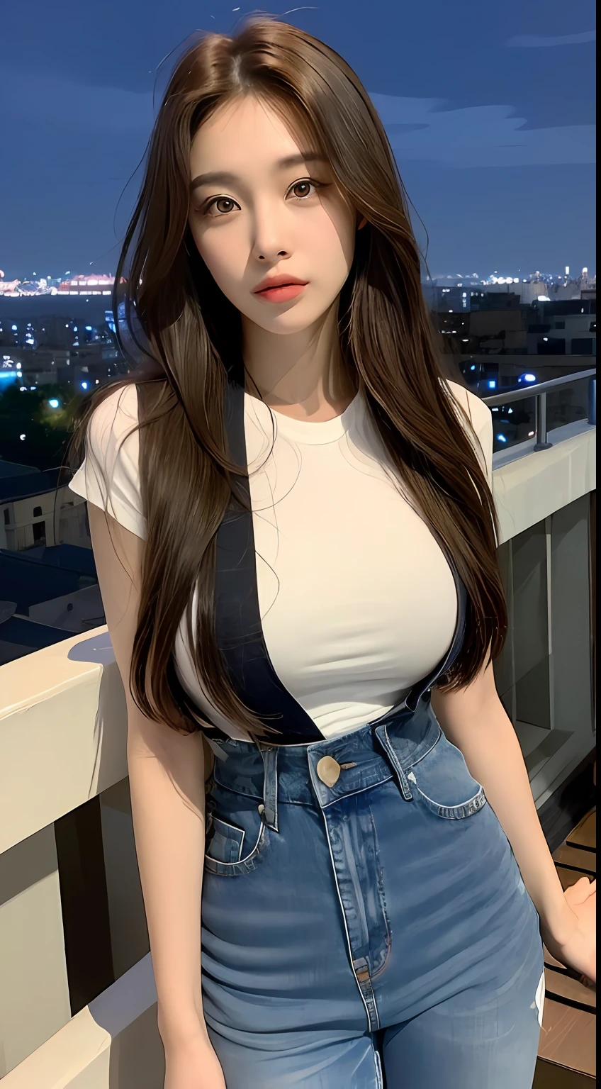 ((Midnight, Best quality, 8k, Masterpiece :1.3)), Whole body, Long legs, Sharp focus :1.2, A pretty woman with perfect figure :1.4, Slender abs :1.1, ((Dark brown hair, Big breasts :1.2)), (White tight tshirt, Jean bib, Standing:1.2), ((Night city view, Rooftop:1.3)), Highly detailed face and skin texture, Detailed eyes, Double eyelid