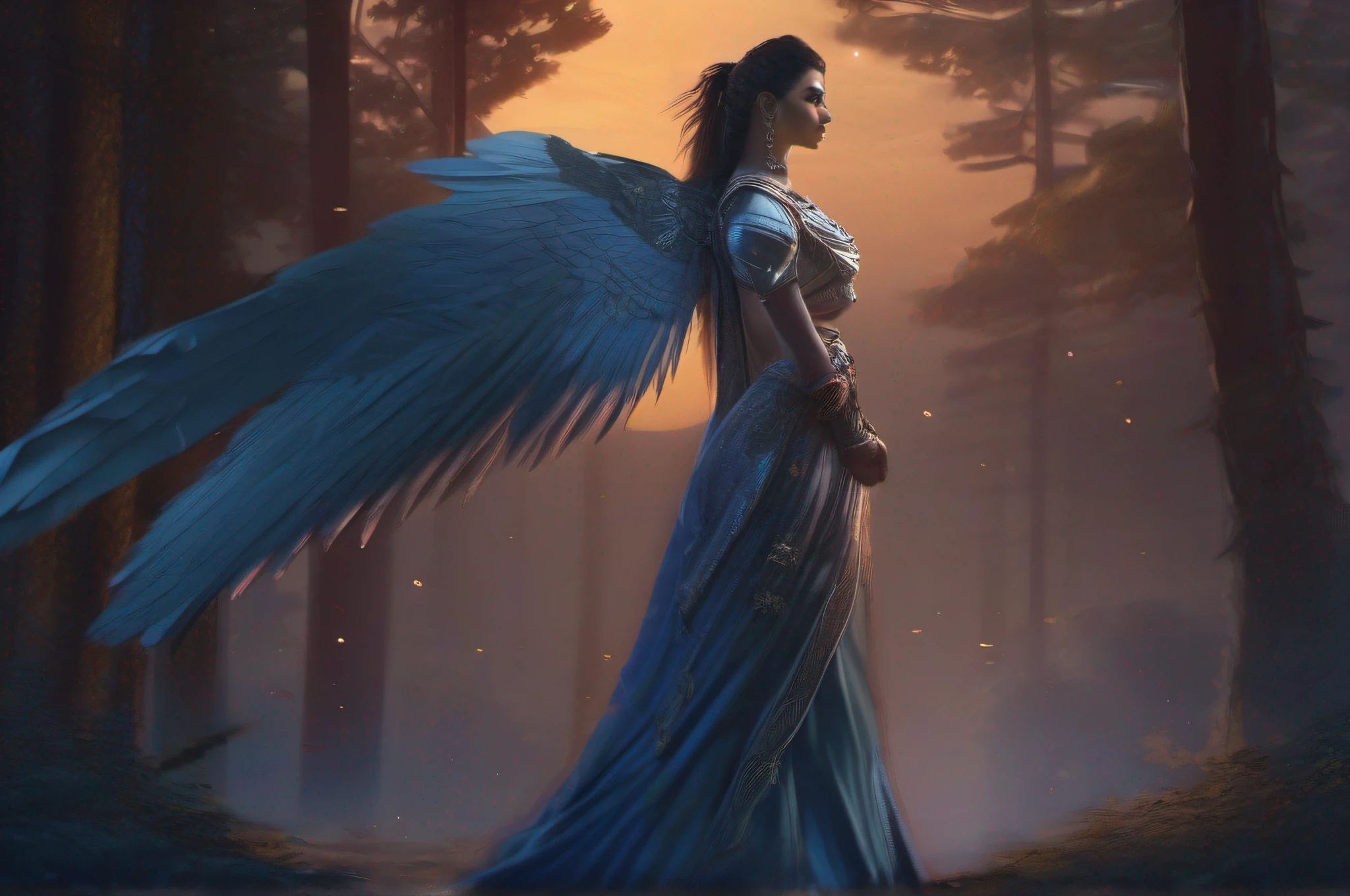 ((best quality)), ((masterpiece)), (detailed), woman standing before Moon in the Forest, (((dark night,nightgown, night))),((fate/stay night, ))((back lit, dark mood, blue tone)) (Artstation contest winner:1.1), (fantasy art:1.3), (portrait armored saree  girl:1.2),(((Long feathered wings)))(Peter Mohrbacher:1.1), (unreal engine:1.1), , spiked metal armor, (dynamic composition:1.3), (8k resolution:1.2) , indian women wareing saree,