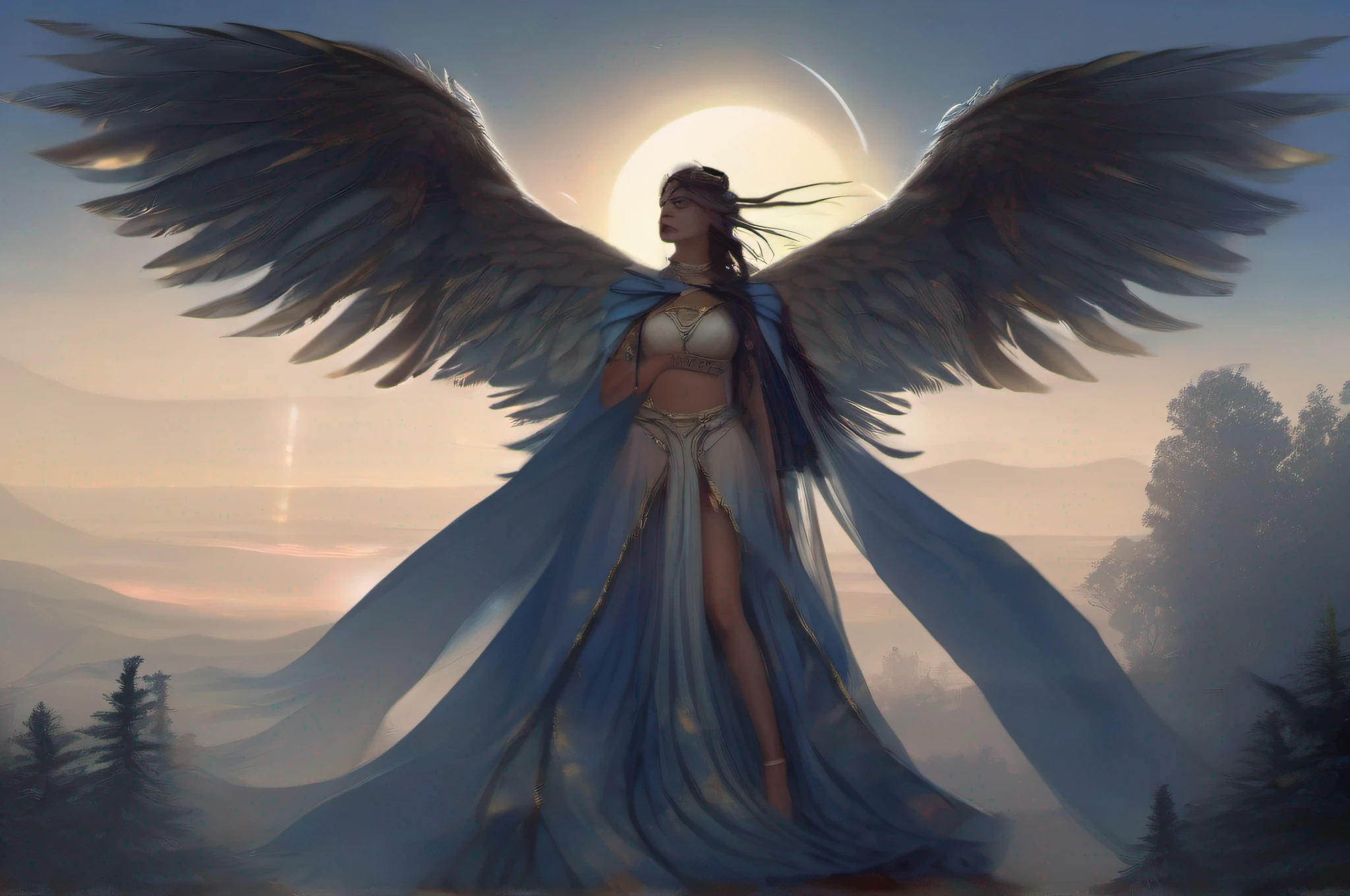 ((best quality)), ((masterpiece)), (detailed), woman standing before Moon in the Forest, (((dark night,nightgown, night))),((fate/stay night, ))((back lit, dark mood, blue tone)) (Artstation contest winner:1.1), (fantasy art:1.3), (portrait armored saree girl:1.2),(((Long feathered wings)))(Peter Mohrbacher:1.1), (unreal engine:1.1), , spiked metal armor, (dynamic composition:1.3), (8k resolution:1.2) , indian women wareing saree,