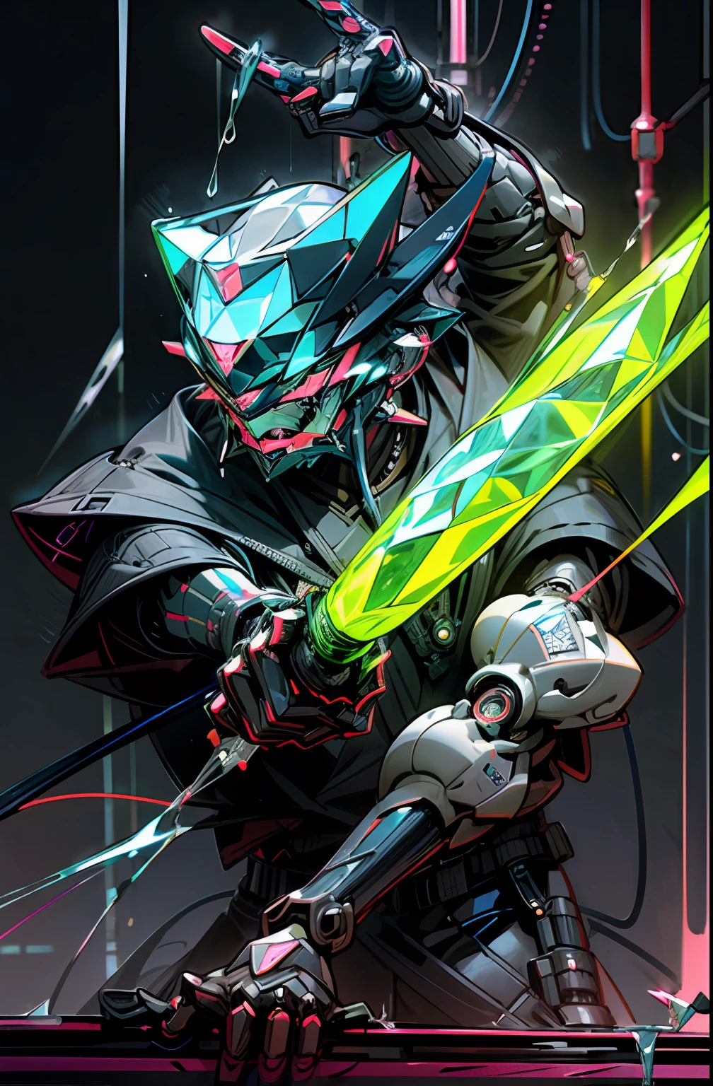 (Diamond:1.6)、helmets、gas masks、(Opening Mouth:1.5)、(Neon liquid injection:1.5)、(neon wiring:1.2)、(Samurai costume:1.3)、Poses、Irridescent color、cyberpunked、1man、Mechanical Marvel、droid
