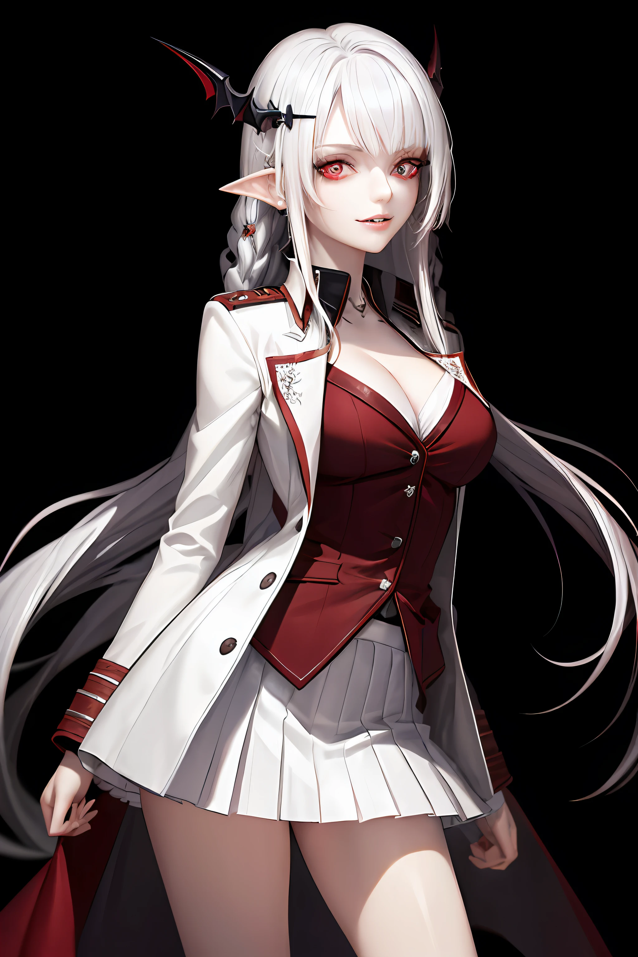 (Ashenhardt Style:1.4), Masterpiece, Best Quality, High Quality,(Red-eye with dark red glow), (in profile), Abstract, Deep Sea, Award-winning photography, Depth of Field Photo, HDR, Highly Detail, Art Station Trends, Trends in CGsociety, Complex, High Detail,(Masterpiece: 1.2, highest quality), (Best lighting, very delicate and beautiful) , (best lighting, Very delicate and beautiful), (beautiful detailed face), (detailed eyes and detailed face:1.2), fantasy, (young girl, 1 girl, solo , manic smile, pale skin, super detailed hair, platinum hair with a bat clip on top, G trophy, cleavage, 19 piercings, gray hair, glowing red eyes, dynamic angle, ghost vampire), ((((field background: 1.15))))), (standing in a field: 1.2), pointed ears, fangs, blood rain on face, blood mist, (depth of field), high contrast, (blood stains: 1.4), cowboy shot, full body, colorful pose,((( Uniform, Coat, White coat Pleated skirt, Light panties: 1)) ), Cowboy Shot, Denim Jacket,