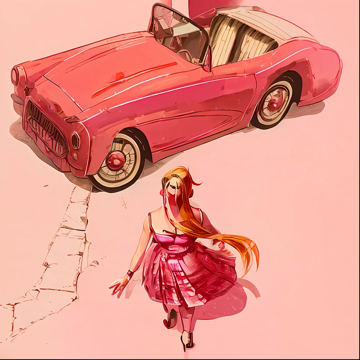 Drawing of a woman in a pink dress walking towards a pink car, ( Arte Fitzpatrick ), Directed by: Glen Angus, Directed by: Hugh Hughes, 1 9 5 0 s arte conceitual, 1950s illustration style, illustration!, Barbie, por Bob Singer, art deco outrun anime aesthestic, Directed by: Allen Jones, 1 9 5 0 s arte conceitual ) ) )