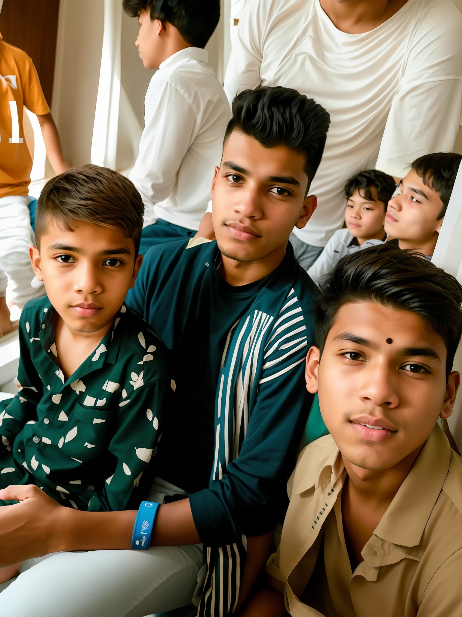 several young men sitting next to each other in a room, with a kid, very very low quality picture, profile pic, facebook post, cute boys, very accurate photo, very artistic pose, taken with sony alpha 9, photo taken in 2 0 2 0, with village, shot on nikon z9, jayison devadas, candid picture, with accurate face