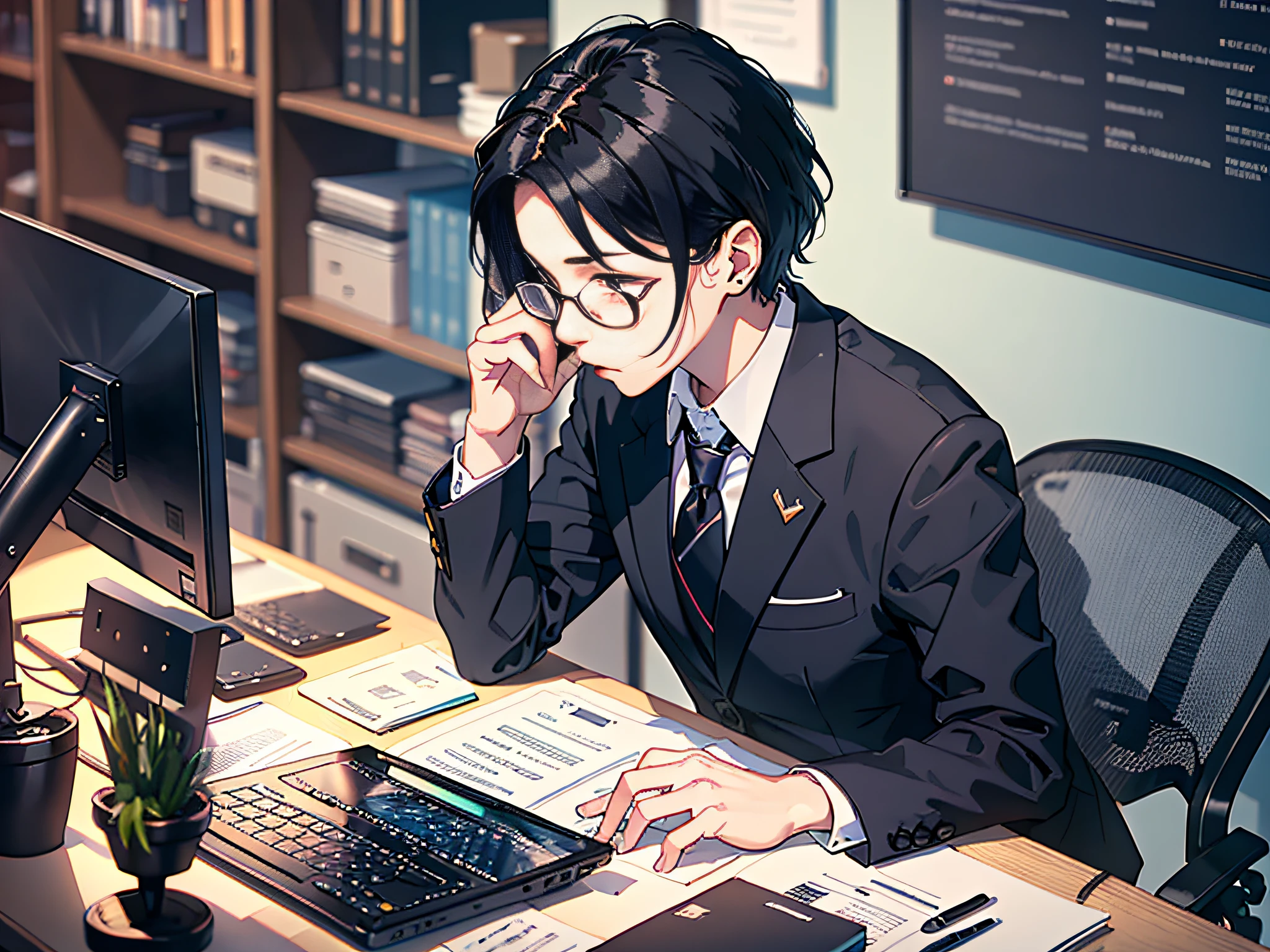 grand master,tmasterpiece, 8k wallpaper, CG, super high image quality, Light and shadow effects (A capable middle-aged project manager，She has short black hair，Man in a black suit，Look at the CEO on the other side。: 1.3) (The man stood nervously at his desk: 1.4) (facial closeups, Trembling, fear, Panic: 1.4) (Luxury office, desk, laptop: 1.5)