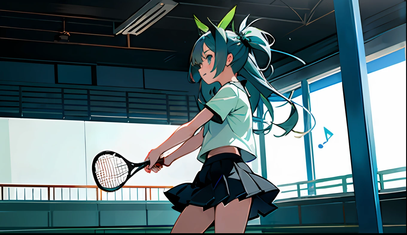 1girll, , Playing badminton with a racket in the gymnasium, Black skirt, Blue eyes,, Earphone, Long hair, , music, one side up, blue green hair, double tails, Pleated skirt