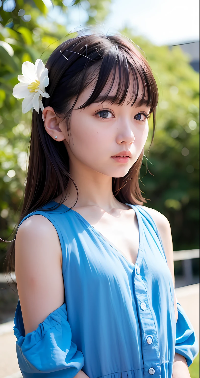 (8k、RAW Photography、top-quality、​masterpiece:1.2)、(realisitic、Photorealsitic:1.37、Photorealsitic:1.37)、beatiful detailed eyes、large forehead、blank stare、flower in hair、top-quality、blurry_background、photo_medium、motion_blur、1girl in、length hair、hair_ornament、hair clips、独奏、blue_eyes、tender、tiny chest、onepiece