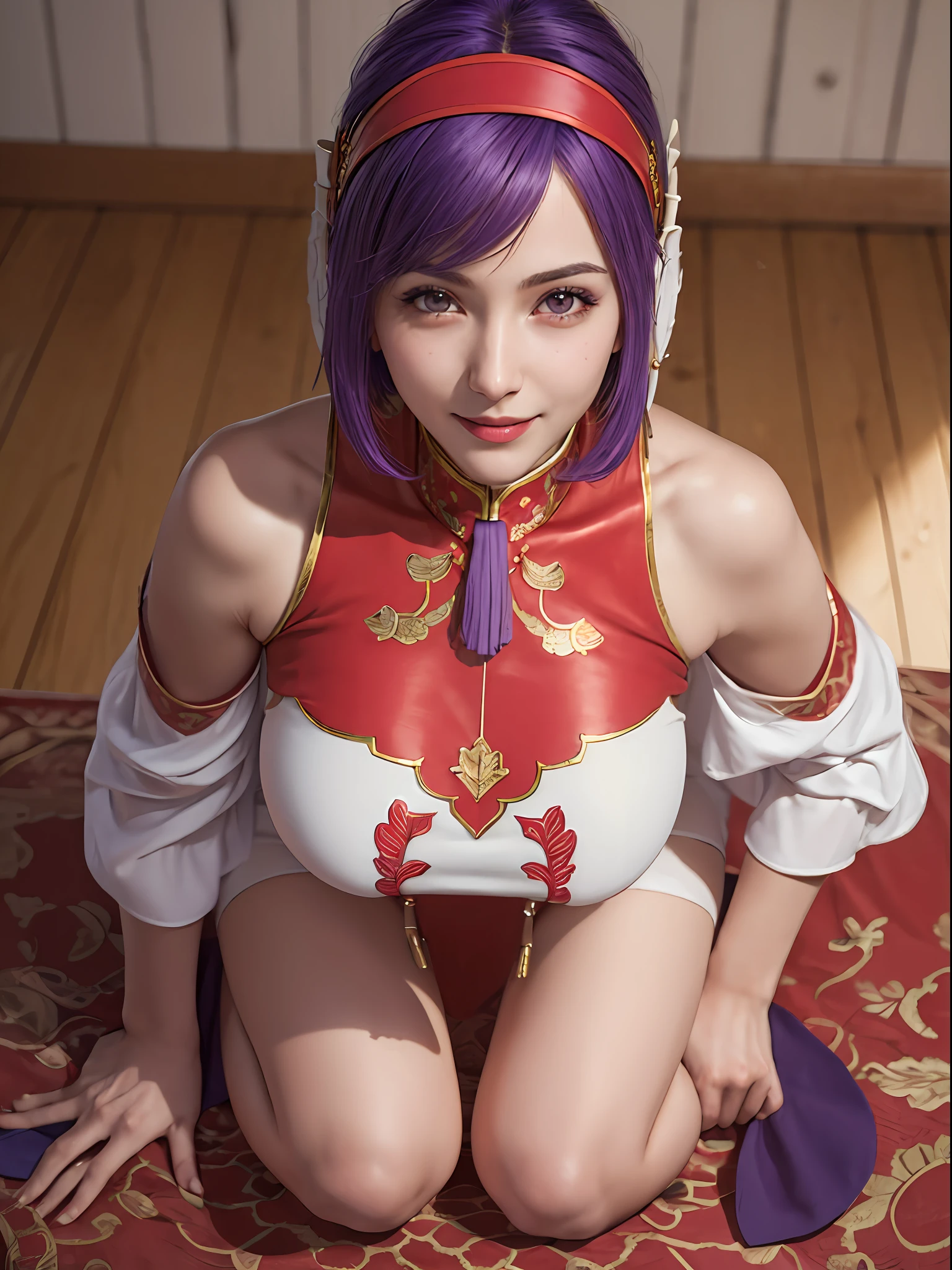 (masterpiece, best quality:1.4), (full body), (from above), 1girl, solo, purple hair, stunning girlfriend, (sitting on the floor:1.1), 1girl, solo, athenams, hairband, chinese clothes, red dress, gloves, hair ornament , bare shoulders, wide open legs, spread legs, underwear, heart shaped face, elegant face, beautiful face, highly detailed face, detailed eyes, highly detailed skin, skin pores, subsurface scattering, realistic pupils, medium breast, desire smile, erotic smile, detailed background, depth of field, volumetric lighting, sharp focus, absurdres, realistic proportions, good anatomy, (realistic, hyperrealistic:1.4), 16k hdr,