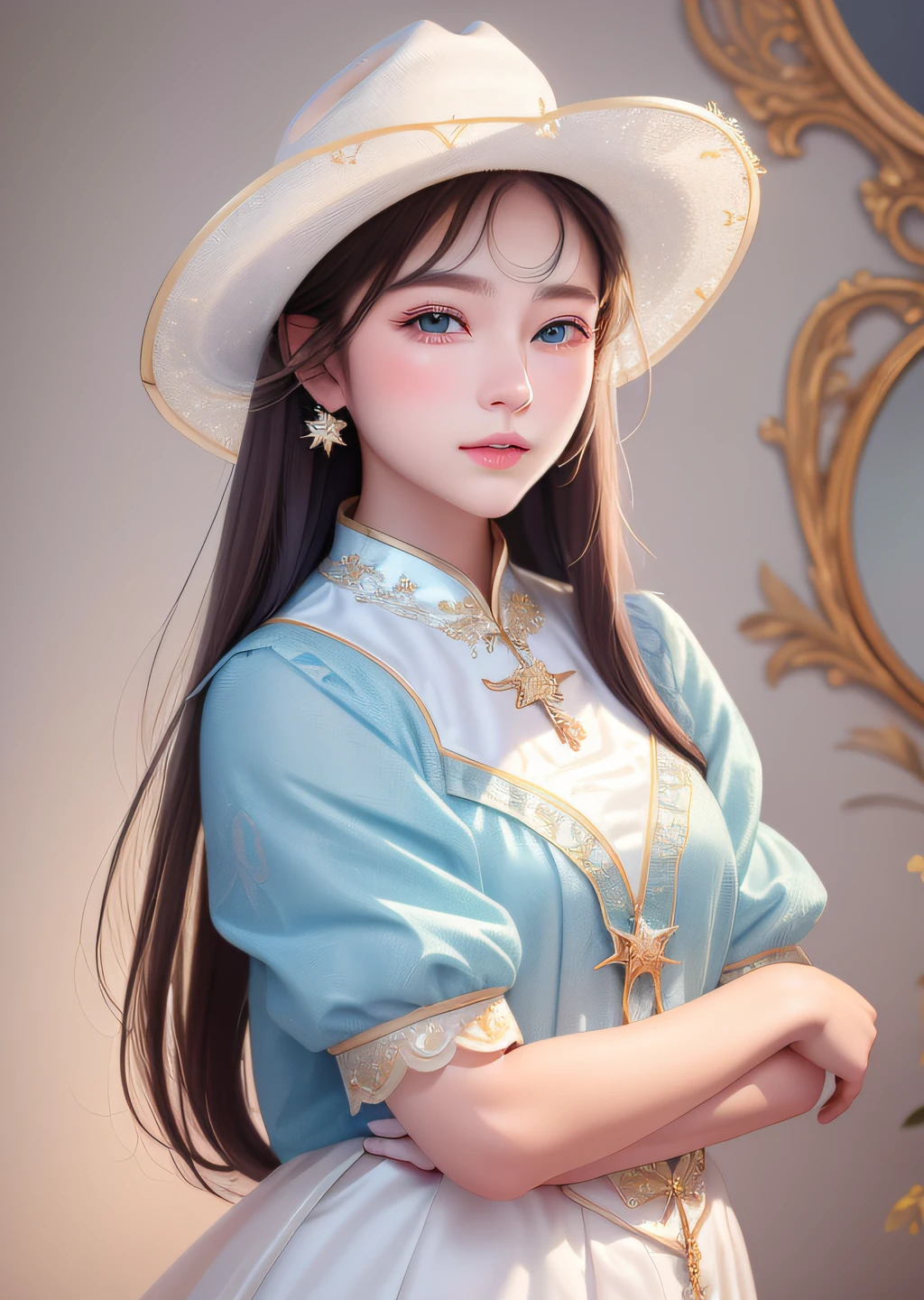 (masterpiece, sidelighting, finely detailed beautiful eyes: 1.2), realistic, lustrous skin,shiny skin,facial light,shiny face, (1 teens girl),
facial light,shiny face,lustrous skin,shiny skin, (cowboy shot),