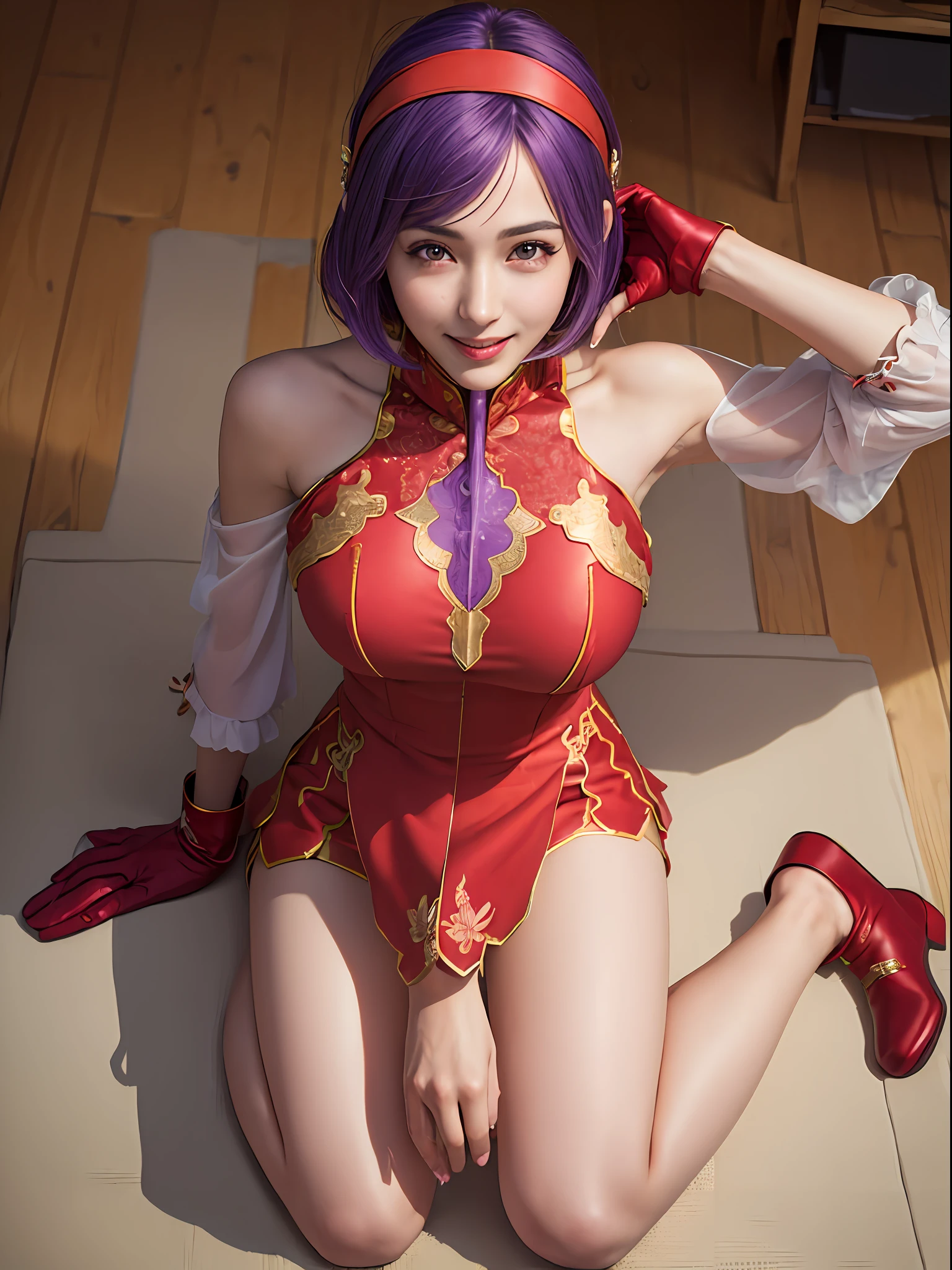 (masterpiece, best quality:1.4), (full body), (from above), 1girl, solo, purple hair, stunning girlfriend, (sitting on the floor:1.1), 1girl, solo, athenams, hairband, chinese clothes, red dress, gloves, hair ornament , bare shoulders, wide open legs, spread legs, underwear, heart shaped face, elegant face, beautiful face, highly detailed face, detailed eyes, highly detailed skin, skin pores, subsurface scattering, realistic pupils, medium breast, desire smile, erotic smile, detailed background, depth of field, volumetric lighting, sharp focus, absurdres, realistic proportions, good anatomy, (realistic, hyperrealistic:1.4), 16k hdr,