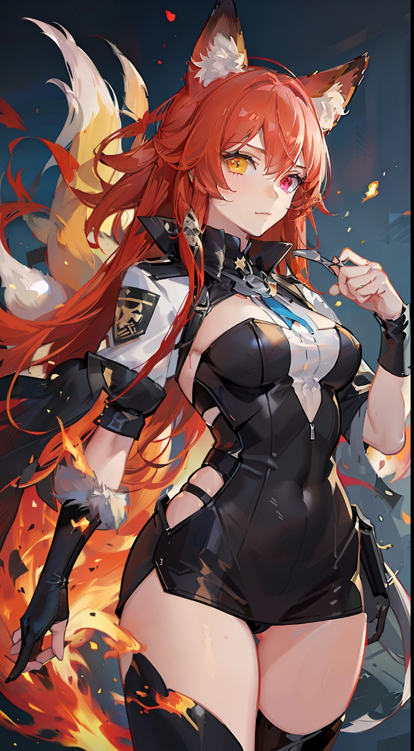Adult woman, long red curly hair, Heterochromia, red and yellow eyes, fox ears and tails, Superhero Uniform Red, open thighs, fire, Masterpiece, hiquality
