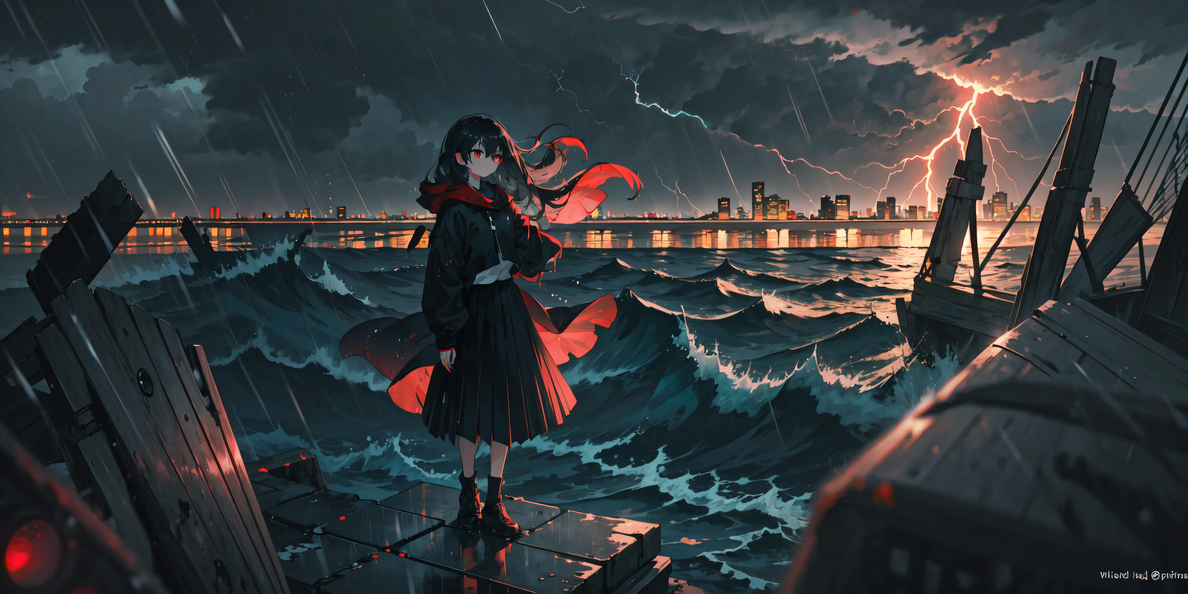 (1girl, solo, red eyes:1.2), standing, (ocean|sea), stormy weather, (lighthouse:0.7), (dark:1.1), windblown hair, wet clothes, raindrops, (lightning:0.8), city shore, [long hair, skirt, black and red color scheme],