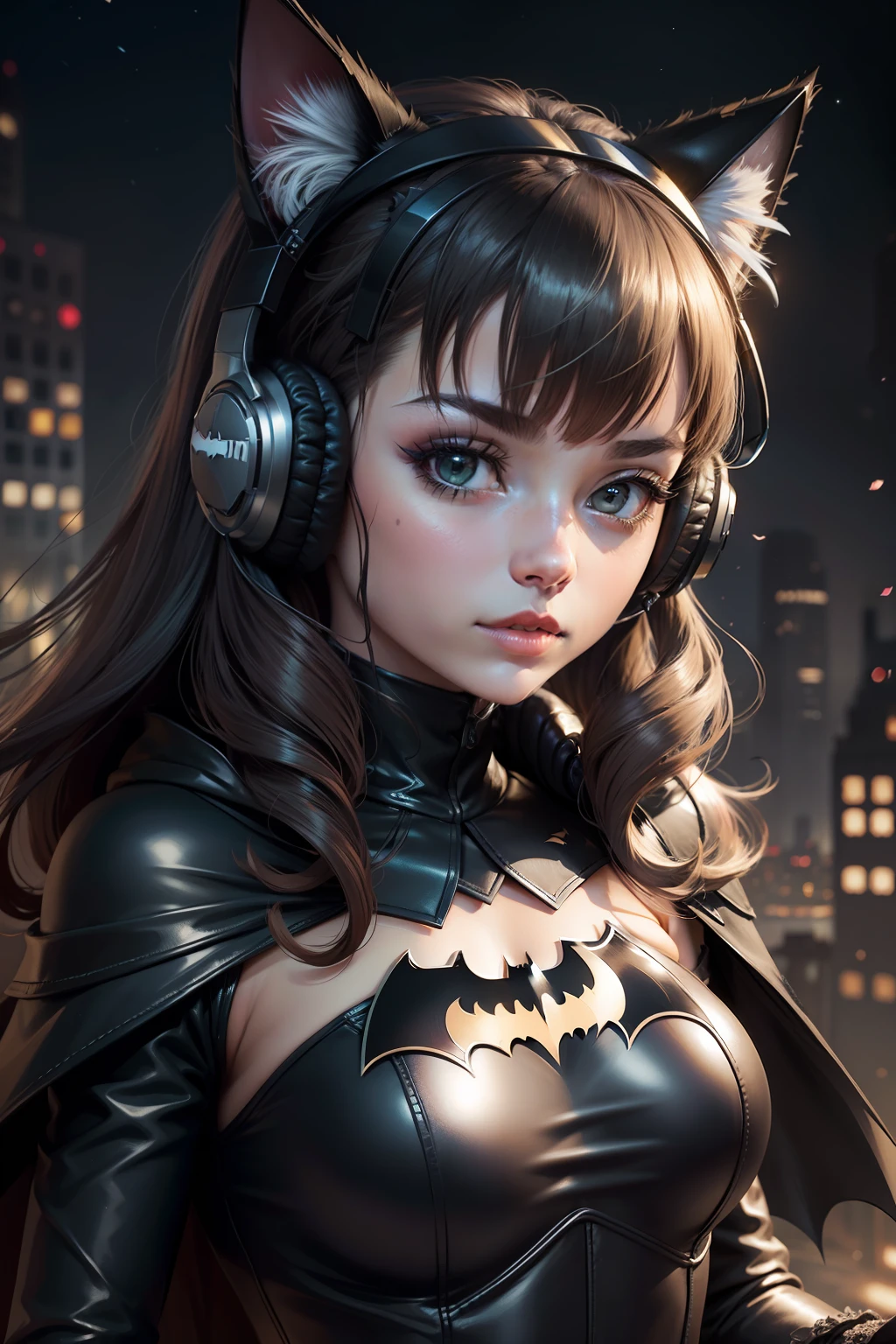 Cat face Batman wearing headphones metallic texture gothic style cute girl meteor shower