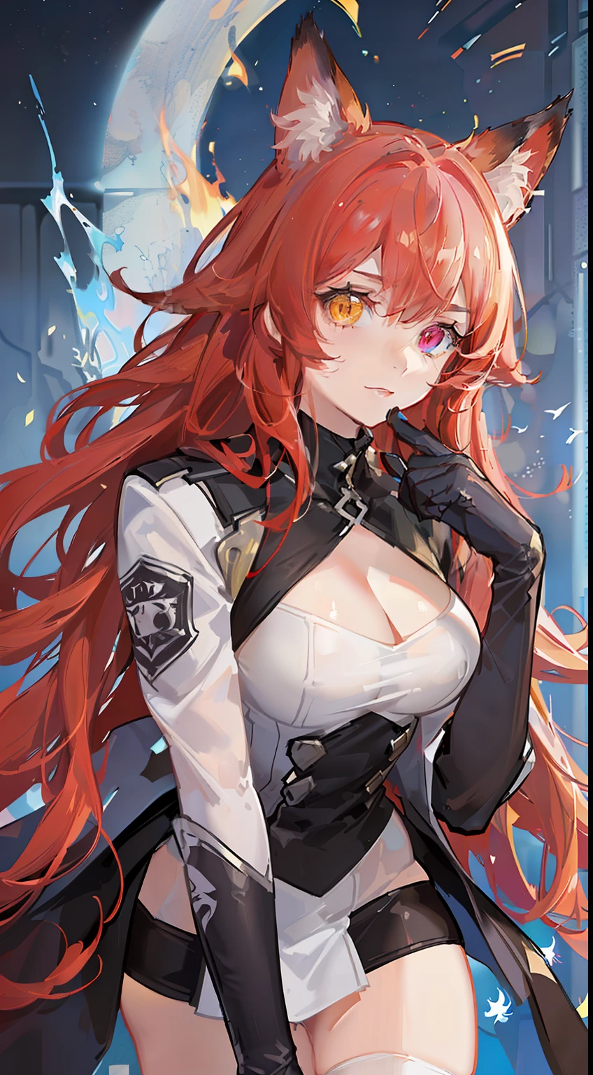 Adult woman, long red curly hair, Heterochromia, red and yellow eyes, fox ears and tails, Superhero Uniform Red, open thighs, fire, Masterpiece, hiquality