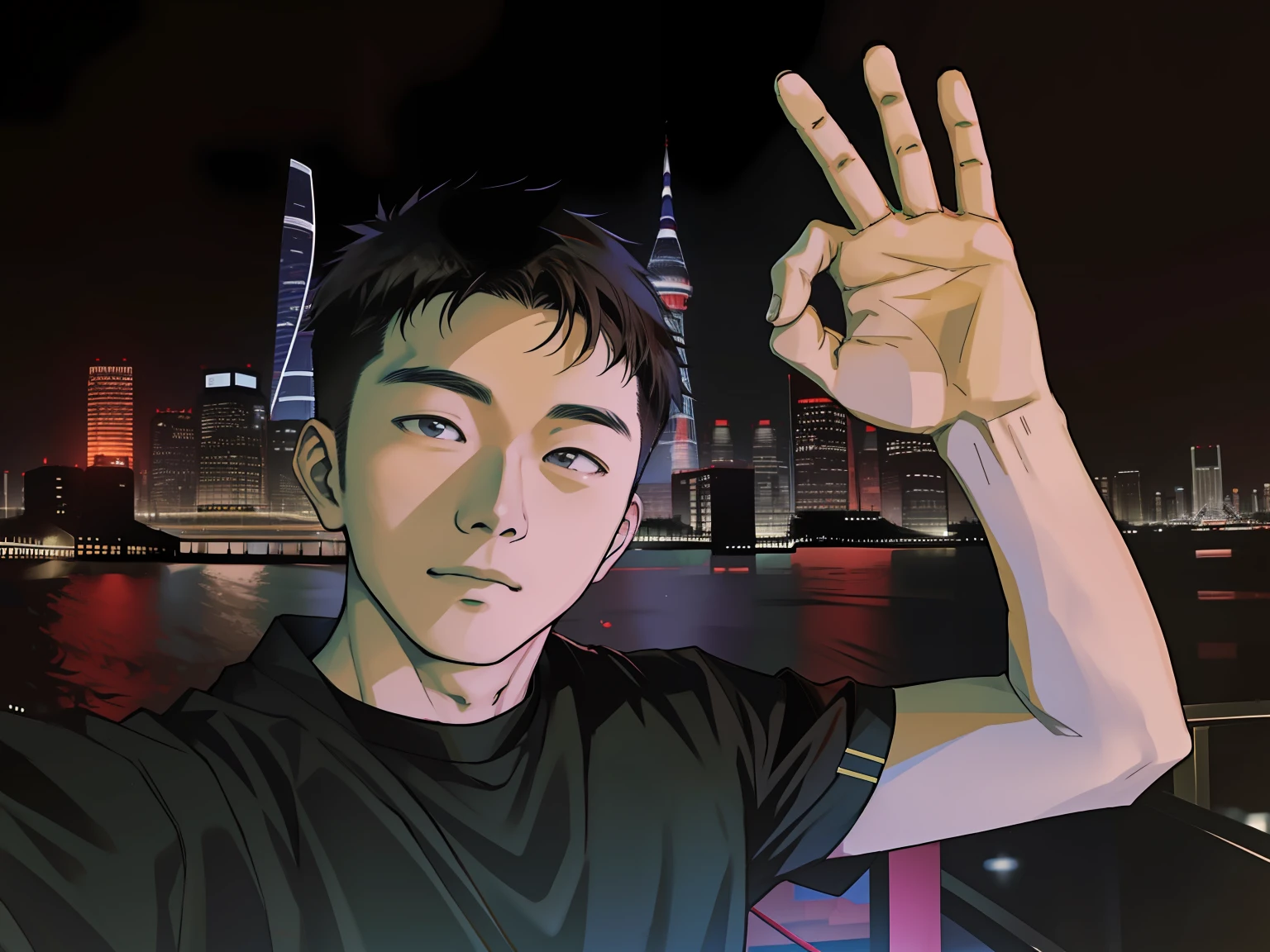 Arafeld man makes peace sign with his hand in front of the city skyline, 8k selfie photograph, xintong chen, steve zheng, peter xiao, zeng fanzh, qi sheng luo, 2 8 years old, profile picture 1024px, Chen Zezhou, Wang Qichao, 2 7 years old