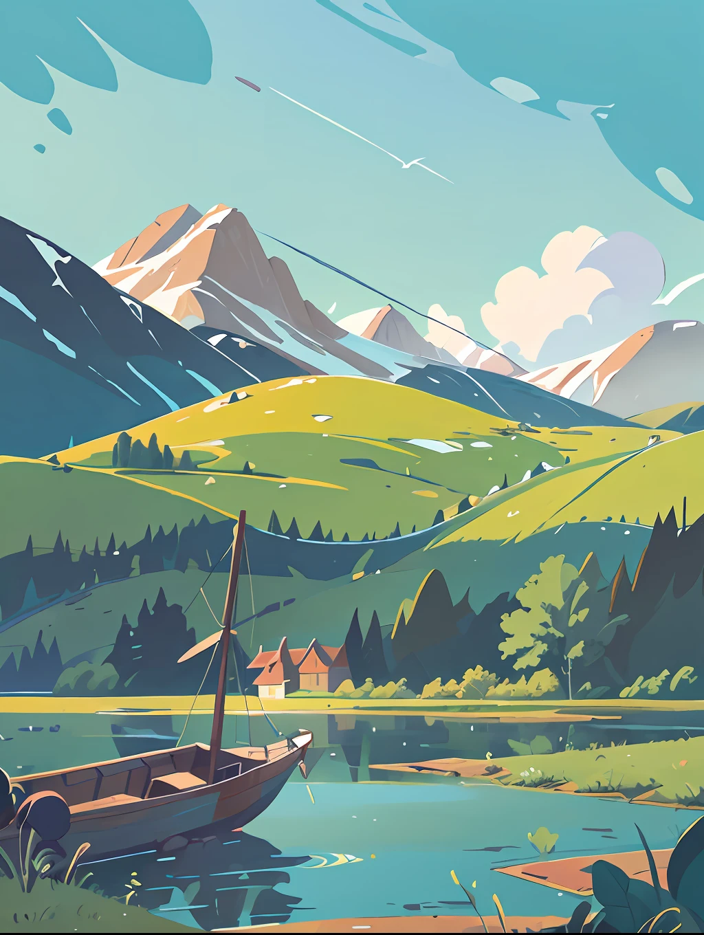 Painting of a boat on a lake with the sky as a background, painting illustration, Detailed scenery —width 672, vibrant gouache painting scenery, Landscape illustration, landscape artwork, gouache matte painting, A beautiful artwork illustration, marsh, serene illustration, author:Otis Pascali, marshes, Flat colors and strokes, Gouache illustration, low details. Digital painting