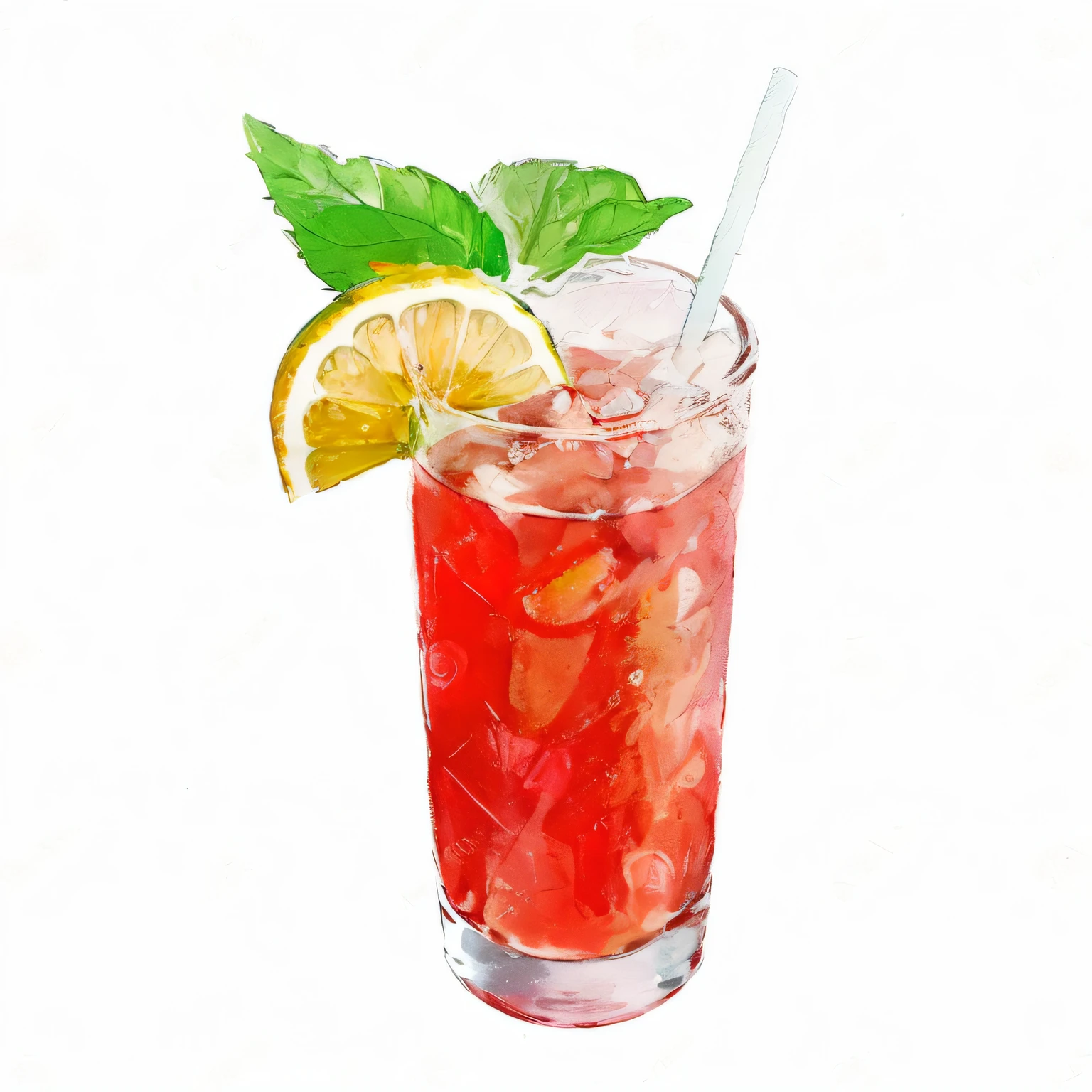 A glass of red drink with watercolor painting of lemon and mint, drinking cocktail, drinking a drink, mixed drink, drink, cold drink, berry juice, watermarked:-1, colorful coctail, watermarked, made of drink, drinks, decor, 🍸🍋, Artistic illustration, cosmopolitan, slush)), with a straw, aquarelle