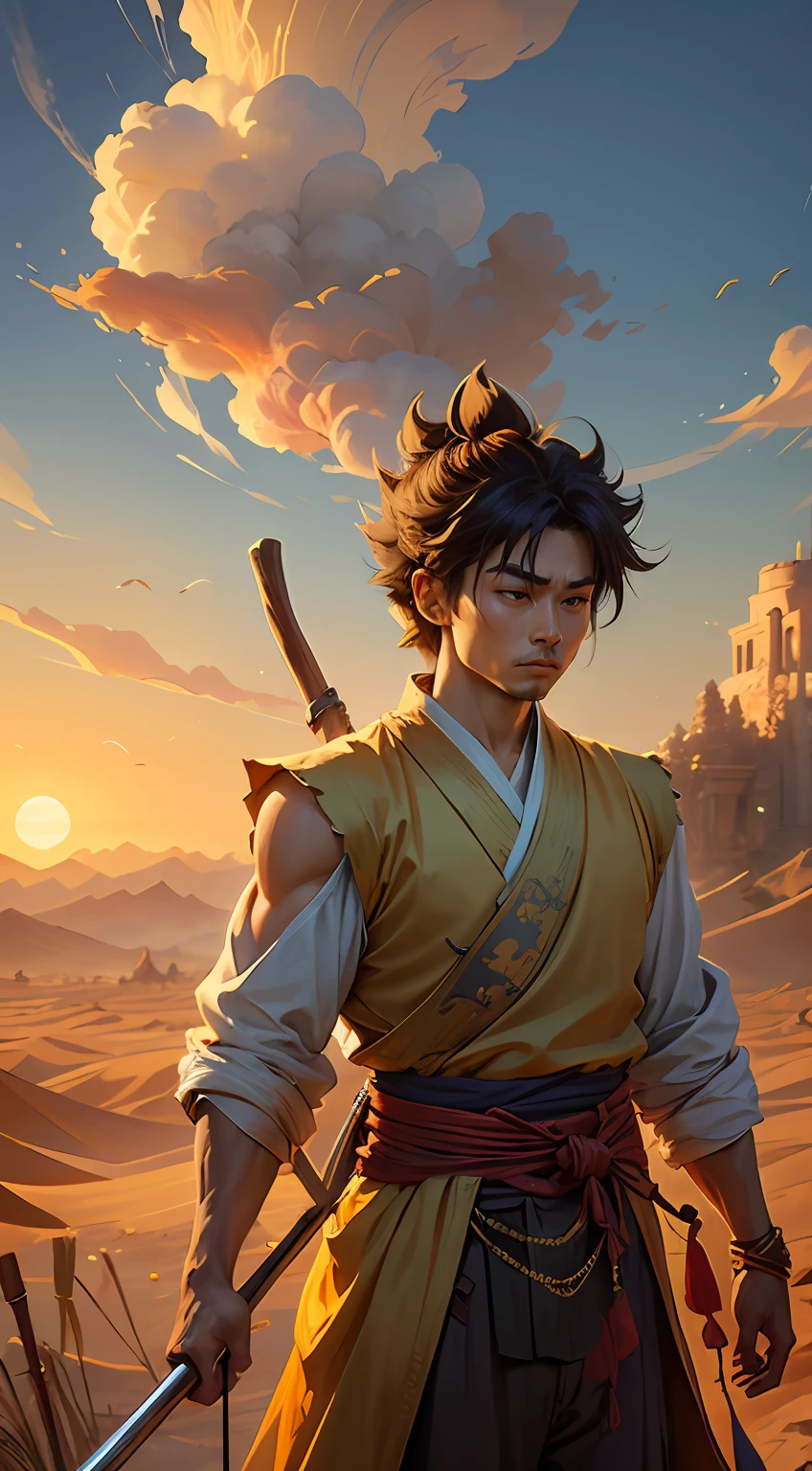 Holding a long golden very straight iron rod tightly in his hand, Long iron rods as weapons