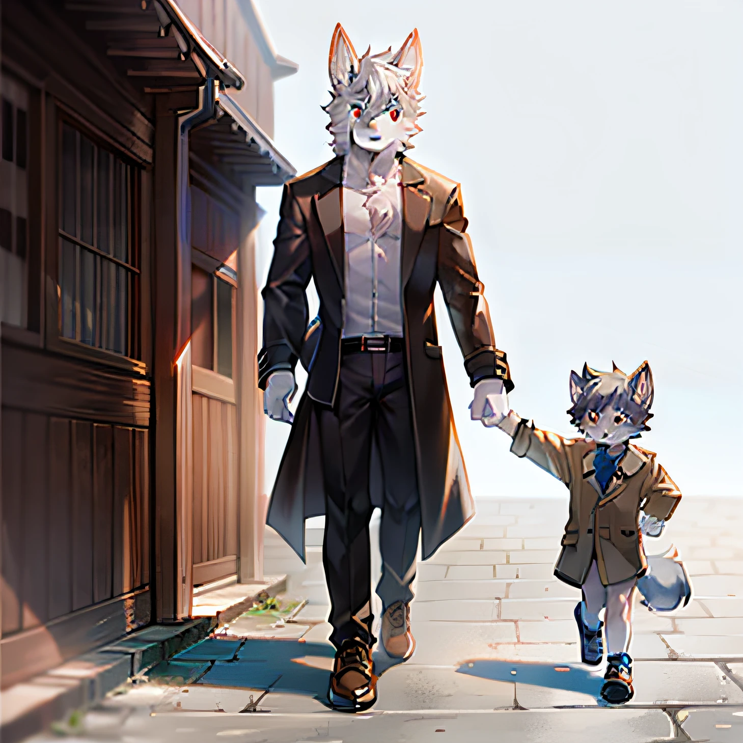 Wensheng Diagram Wolf,schoolboy,Cubs,Fluffy,largeeyes,Big head,Walking upright,male,boy,wearing a trench coat,Hairless,All over fluffy,Cute face,Meat paws,Lens cuts,gray wolf,byself,Wear shoes,