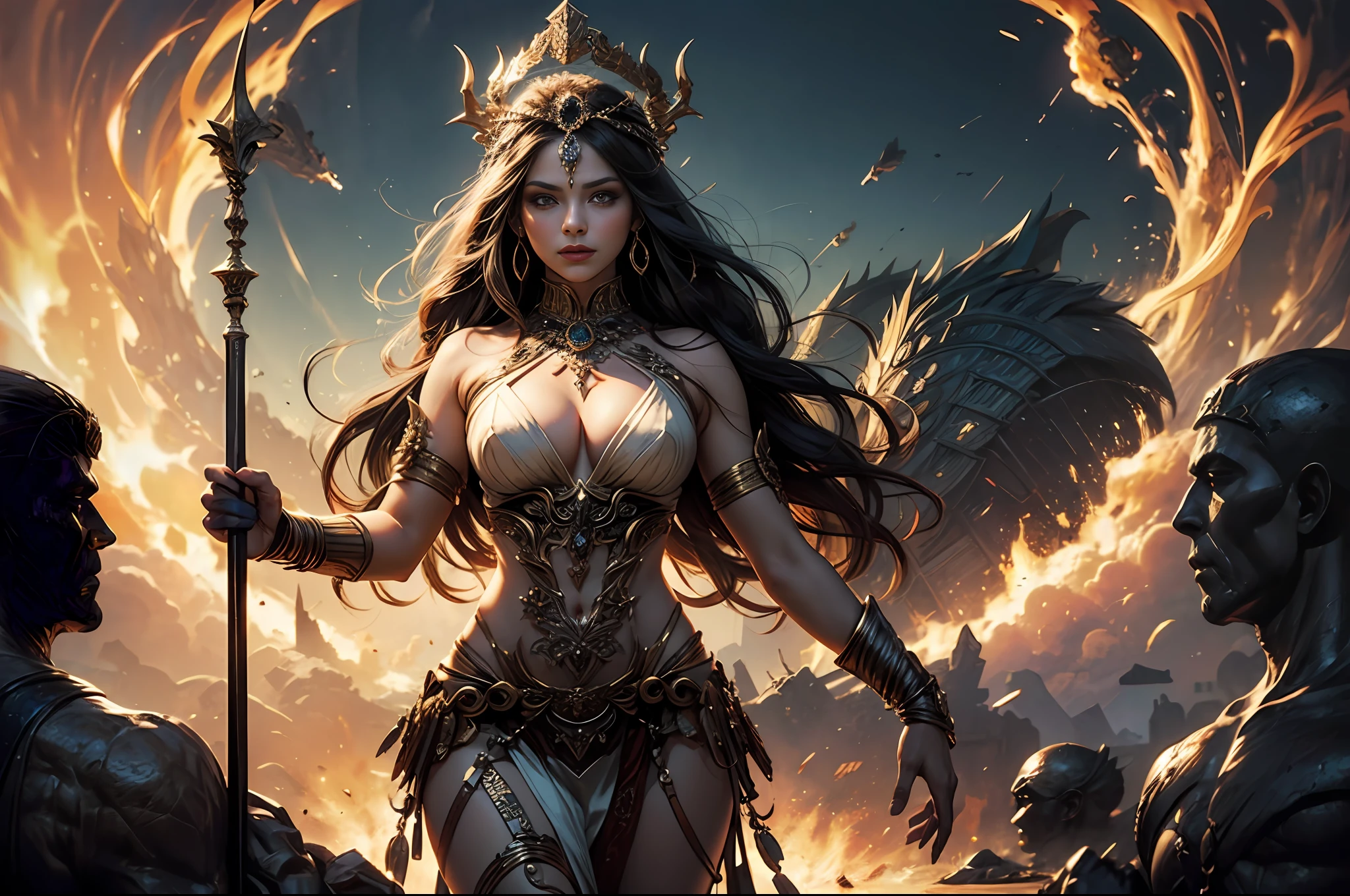 (great artwork, best quality) A powerful and destructive woman as a deity of destruction with an imposing presence, (dressed as a goddess): 1.2,