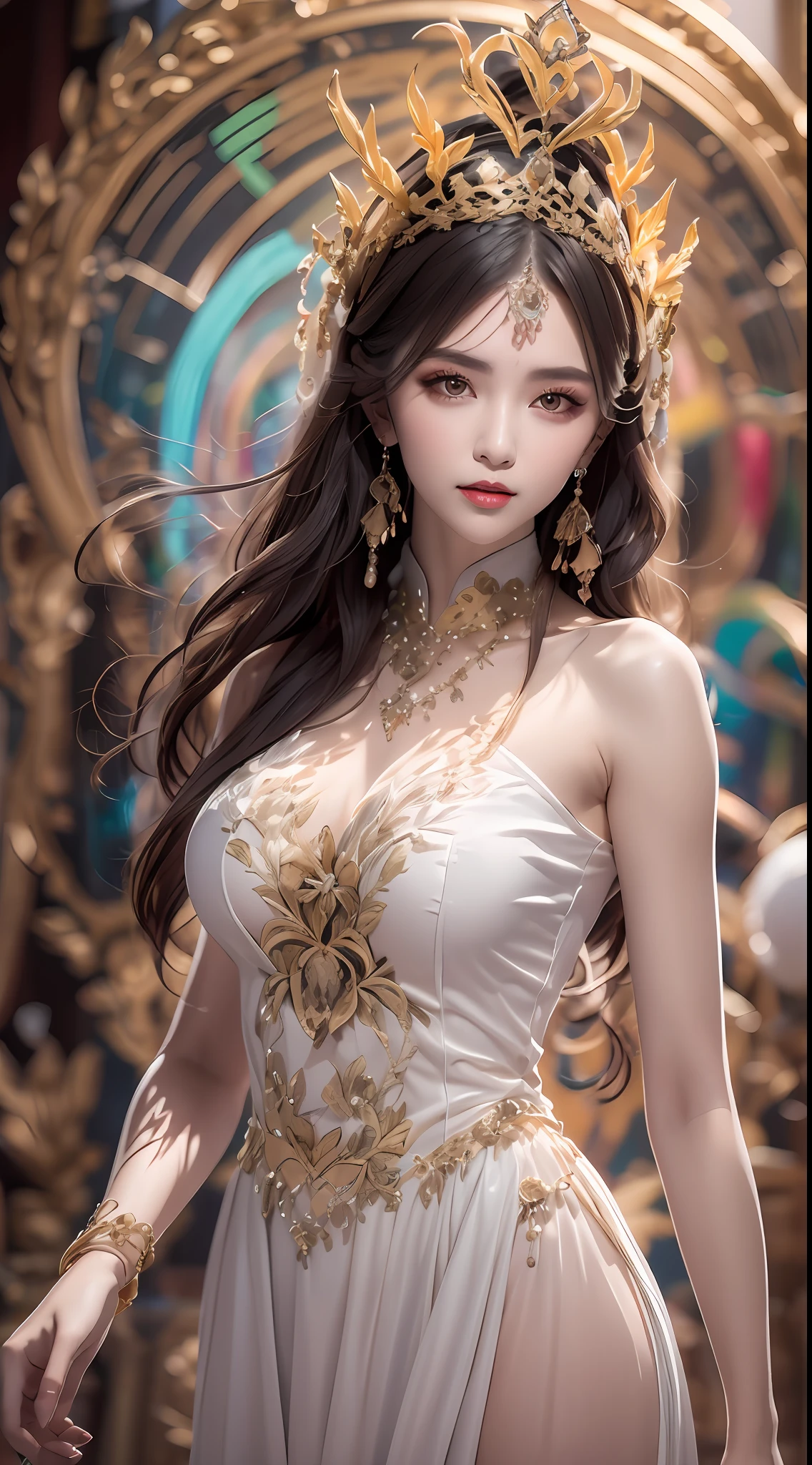 Portrait of a young 20-year-old saint, a saint with a beautiful and super cute face,Wearing a thin red dress with gold edging and glittering and sexy, Ao dai is studded with small sparkling pearls, beautiful cute face, Ao dai with a deep slit in the chest and attractive black and white lace trim, beautiful face without blemishes, shut up, ((long hair seven colors rainbow:1.2)), big crown, hair brooch, hanfu dress, chinese ancient style, full body jewelry, forehead tattoo, The female saint's breasts are round and very full, breast augmentation, innocent face, The most beautiful and detailed light red lipstick, ((Thin plump lips:0.3)), ((Golden eyes:1.2)), The eyes are delicately decorated,(white and detailed) cinematic, light and dark, dramatic lighting, magical light, extremely detailed light, true color, super sharp, realistic, 8k quality, fantasy universe background, saints and magical space, the most detailed images, Solo, a saintess, ((looking directly at the saint's upper body:0.4)), ((smooth skin:0.5)), Extremely detailed pixels, super true, extremely detailed and complex graphics, the highest resolution, close-up portrait,