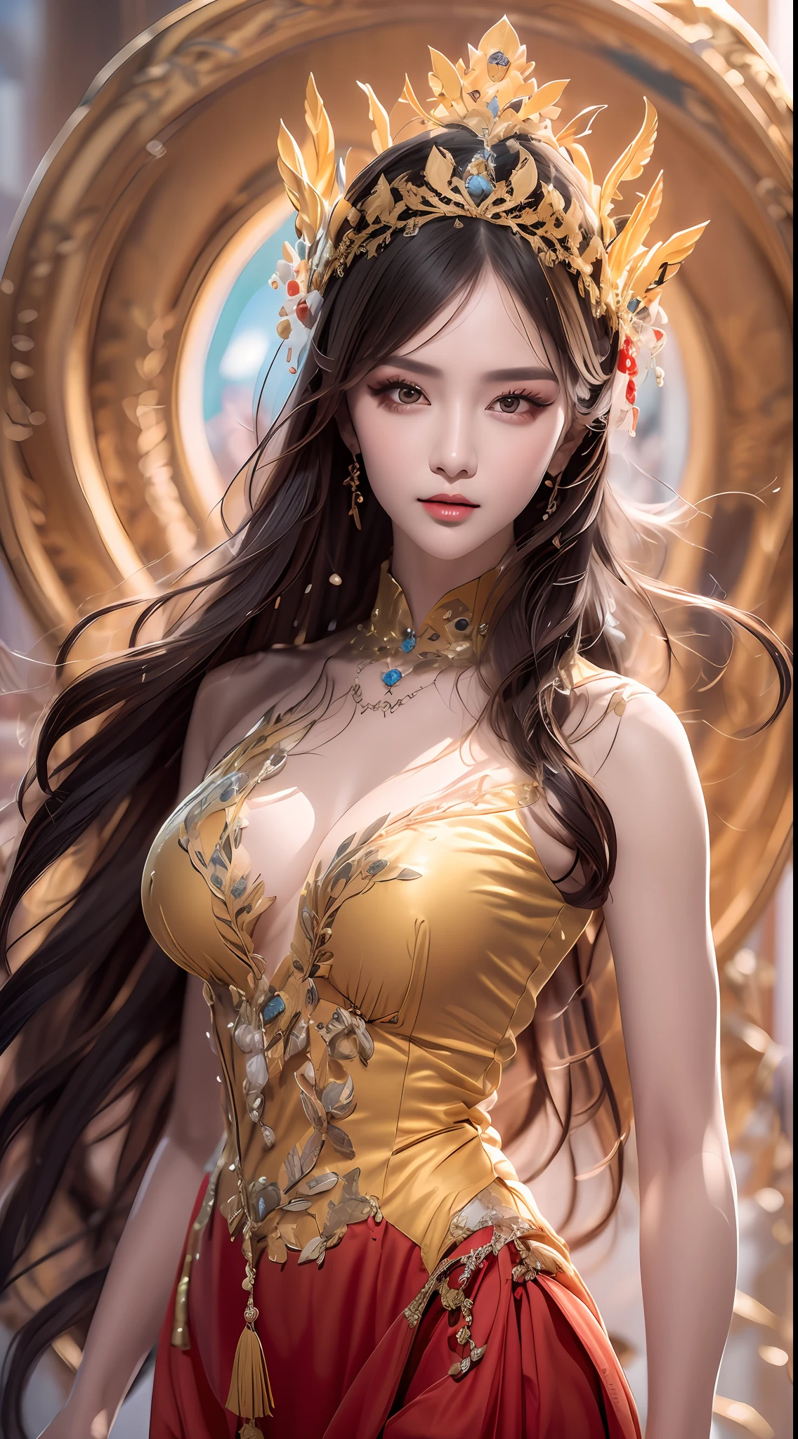 Portrait of a young 20-year-old saint, a saint with a beautiful and super cute face,Wearing a thin red dress with gold edging and glittering and y, Ao dai is studded with small sparkling pearls, beautiful cute face, Ao dai with a deep slit in the chest and attractive black and white lace trim, beautiful face without blemishes, shut up, ((long hair seven colors rainbow:1.2)), big crown, hair brooch, hanfu dress, chinese ancient style, full body jewelry, forehead tattoo, The female saint's bree round and very full, breast augion, innocent face, The most beautiful and detailed light red lipstick, ((Thin plump lips:0.3)), ((Golden eyes:1.2)), The eyes are delicately decorated,(white and detailed) cinematic, light and dark, dramatic lighting, magical light, extremely detailed light, true color, super sharp, realistic, 8k quality, fantasy universe background, saints and magical space, the most detailed images, Solo, a saintess, ((looking directly at the saint's upper body:0.4)), ((smooth skin:0.5)), Extremely detailed pixels, super true, extremely detailed and complex graphics, the highest resolution, close-up portrait,