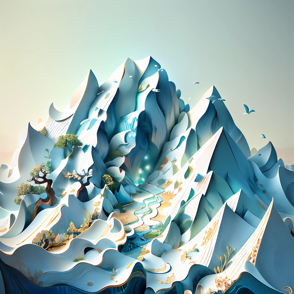 Chinese traditional landscape painting,Paper creation,3D立体渲染,The color gradient varies from white to light blue,Simple and natural composition,:White background,Fresh and unearthly style。(:Nature:)