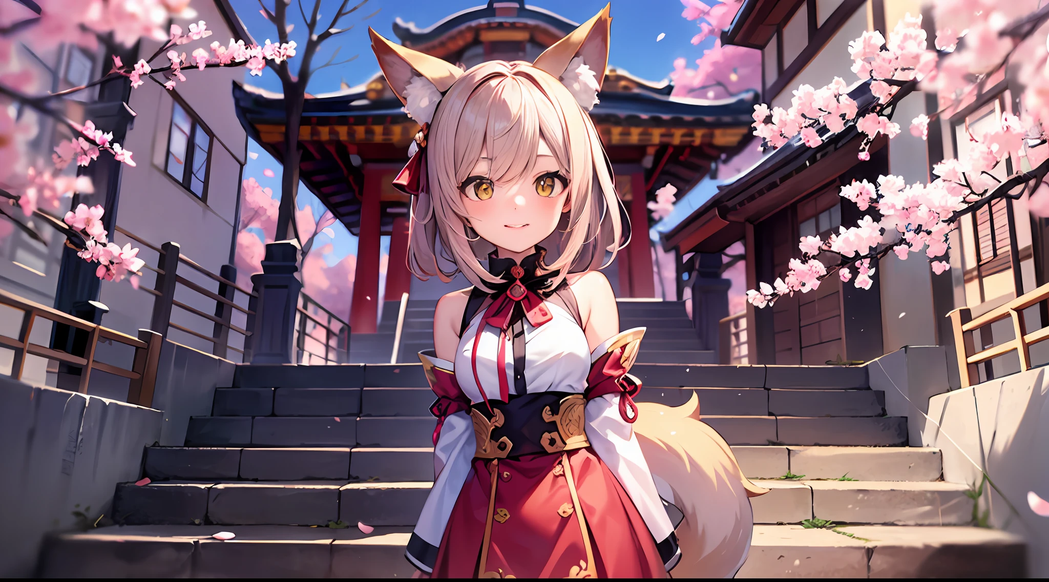 masterpiece, best quality, 1girl, yellow eyes, medium hair, stairs, cherry blossoms, temple, fox girl, detached sleeves, animal ears, happy, arms behind back,