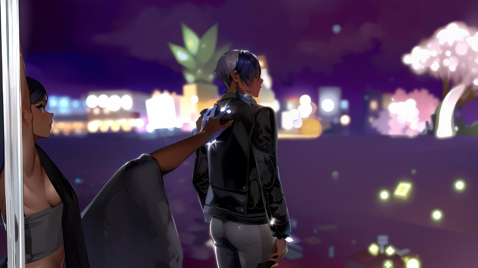 In front of the mirror is a woman with a blanket, A glittering city in the distance, Turning your back, Full-length distant view, calm night. over shoulder shot, Beautiful screenshot, Avatar of the second life, Screenshot of the mod gameplay, nighttime!!, Detailed photo of the virtual world, Full-length remote photography, A gloomy noir scene, Looking in this direction, videogame still