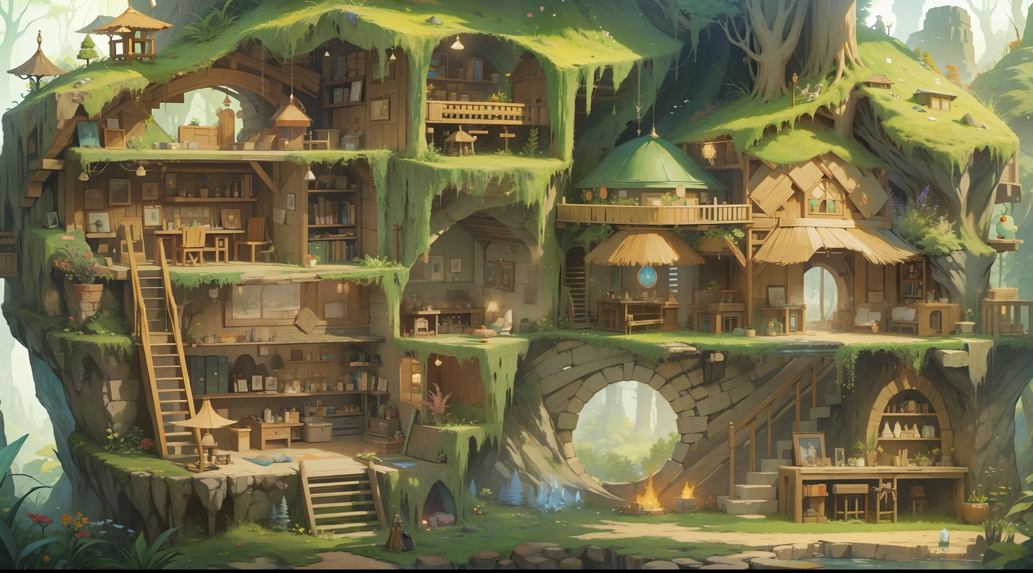 Terrain profile、Underground,forest theme,underground cave、The different rooms are neatly furnished,cartoonish style,(dream magical,Conceptual digital art,(The is very detailed,reasonable design,Clear lines,High clarity,The best quality,tmasterpiece,4K)