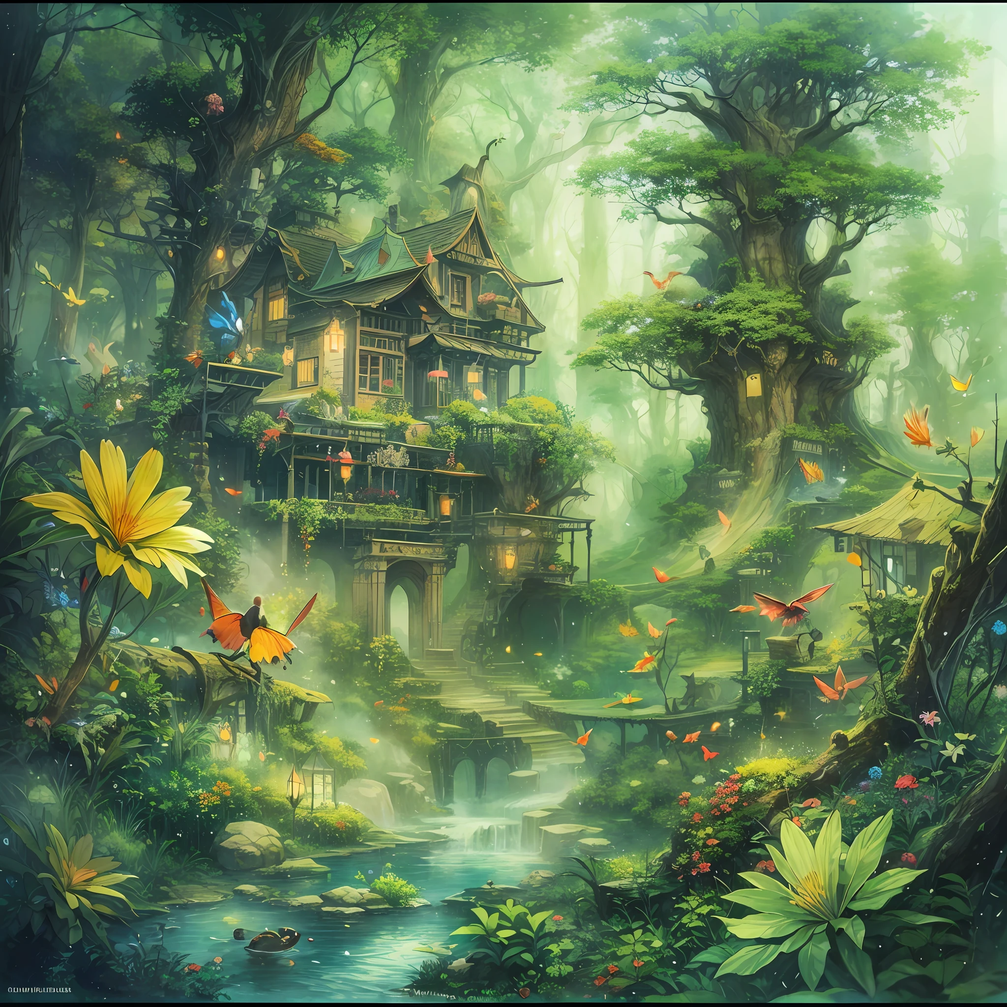 shukezouma，（illustratio：1.1），（best qualtiy），（tmasterpiece：1.1），（panoramic lens：1.3），A high resolution，（ink spatter），（splash of color），（aquarelle）an enchanted forest：Create a magical forest、tiny faeries、There are towering trees、House of witches in the shape of large flowers、Vibrant foliage and sparkling streams、Whimsical creatures and ethereal light and shadow，Enchanting atmosphere。